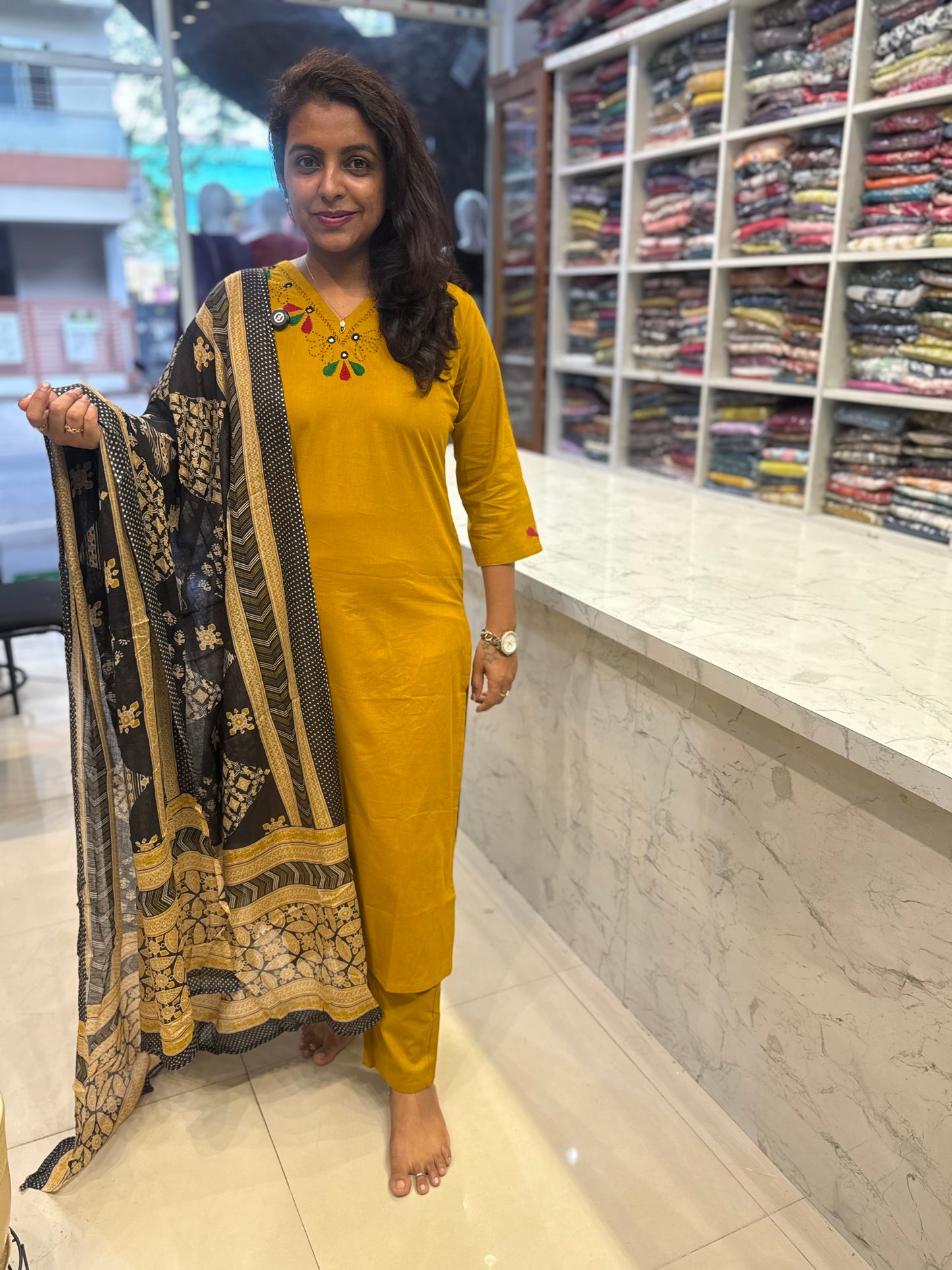 Mustard Pure Cotton Hand Embroidery Printed Black Dupatta