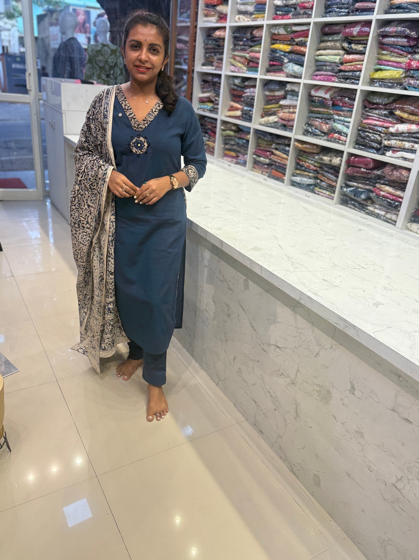 Kalamkari Pure Cotton Patch Work Printed Kurti With Pant and Dupatta