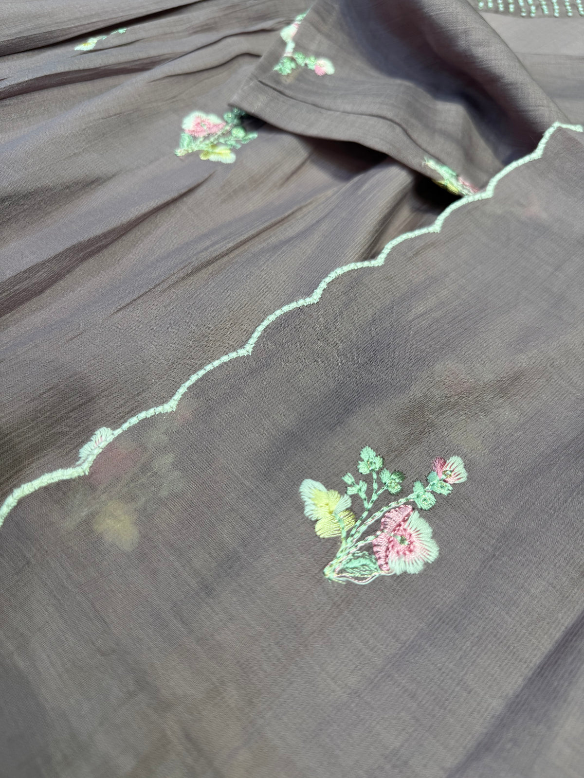 Peach Hand Embroidery Work Pure Silk Kurti With Pant and Dupatta - HSC1189