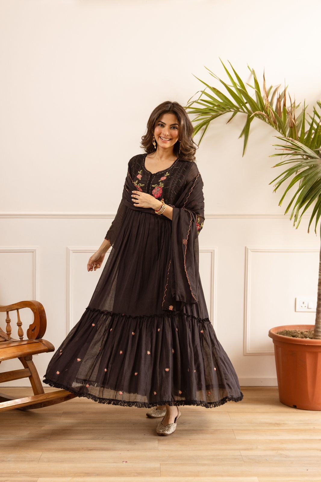 Black Flared Mul Cotton Embroidered Suit-HSC151