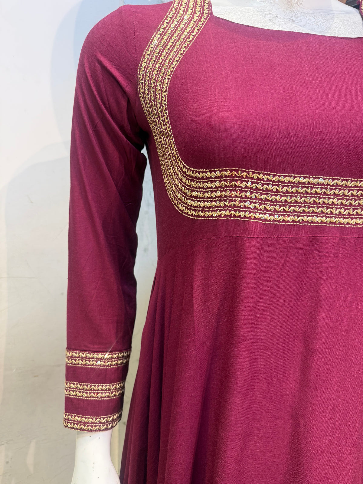 Free Earrings Wine Anarkali Soft Rayon With Pant and Dupatta - HSC1201