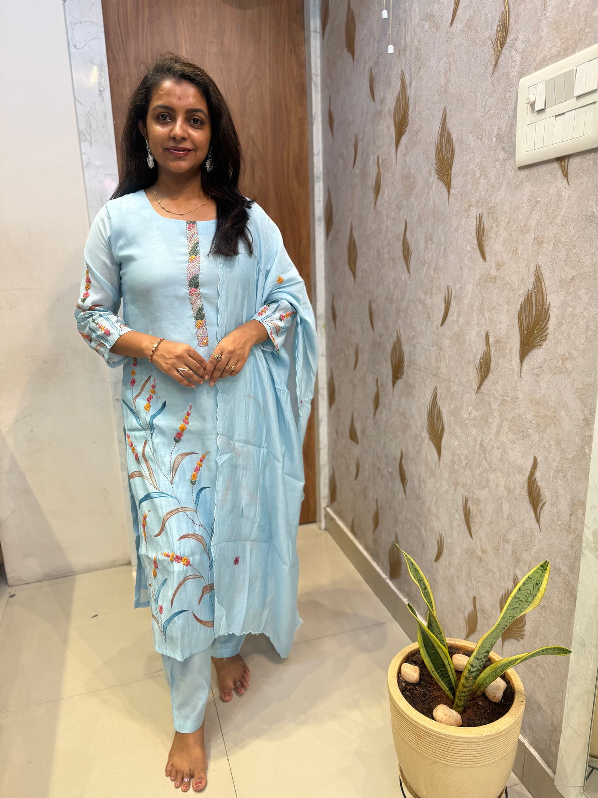 Powder Blue Pure Silk Thread Embroidery Kurti With Pant and Dupatta - HSC1180