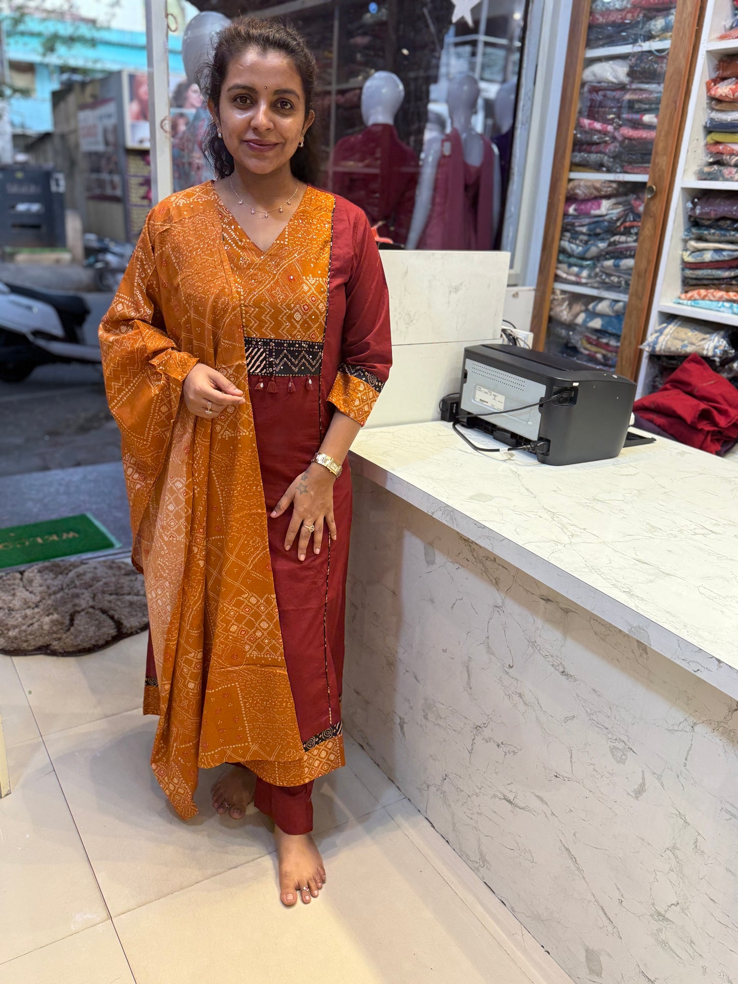 Patch Work Printed Pure Cotton Kurti With Pant and Dupatta