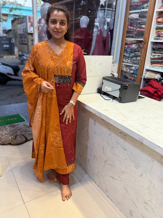 Patch Work Printed Pure Cotton Kurti With Pant and Dupatta