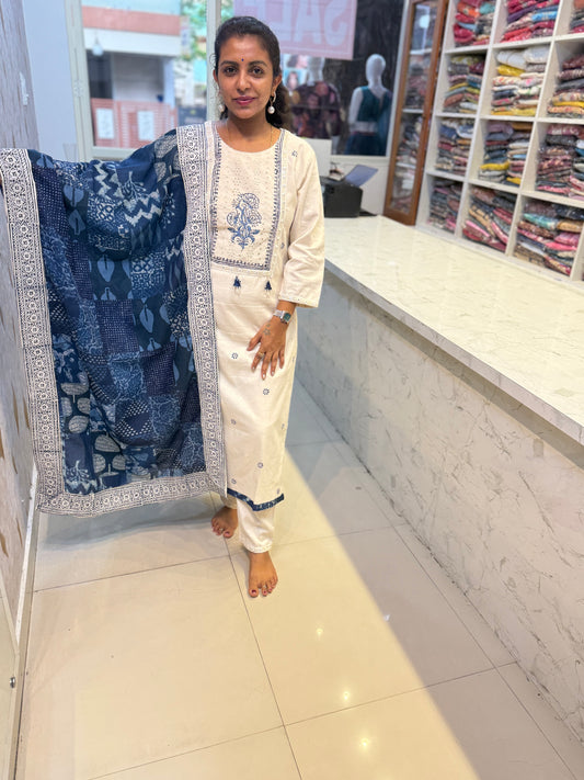 Half White Cotton Flex Kurti With Pant and Dupatta