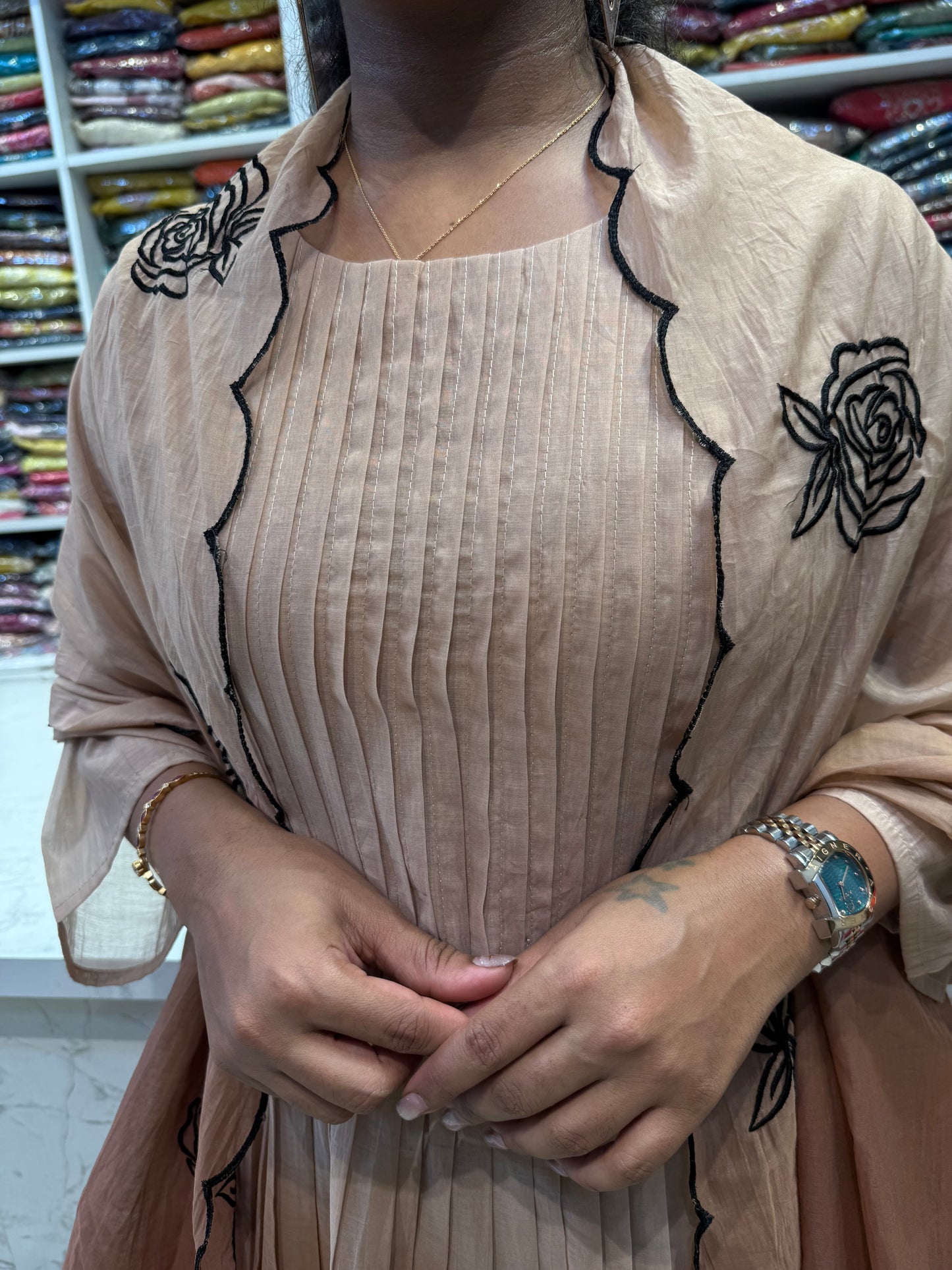 Ombre Brown Pure Mul Chanderi A-line Kurti With Pant and Dupatta