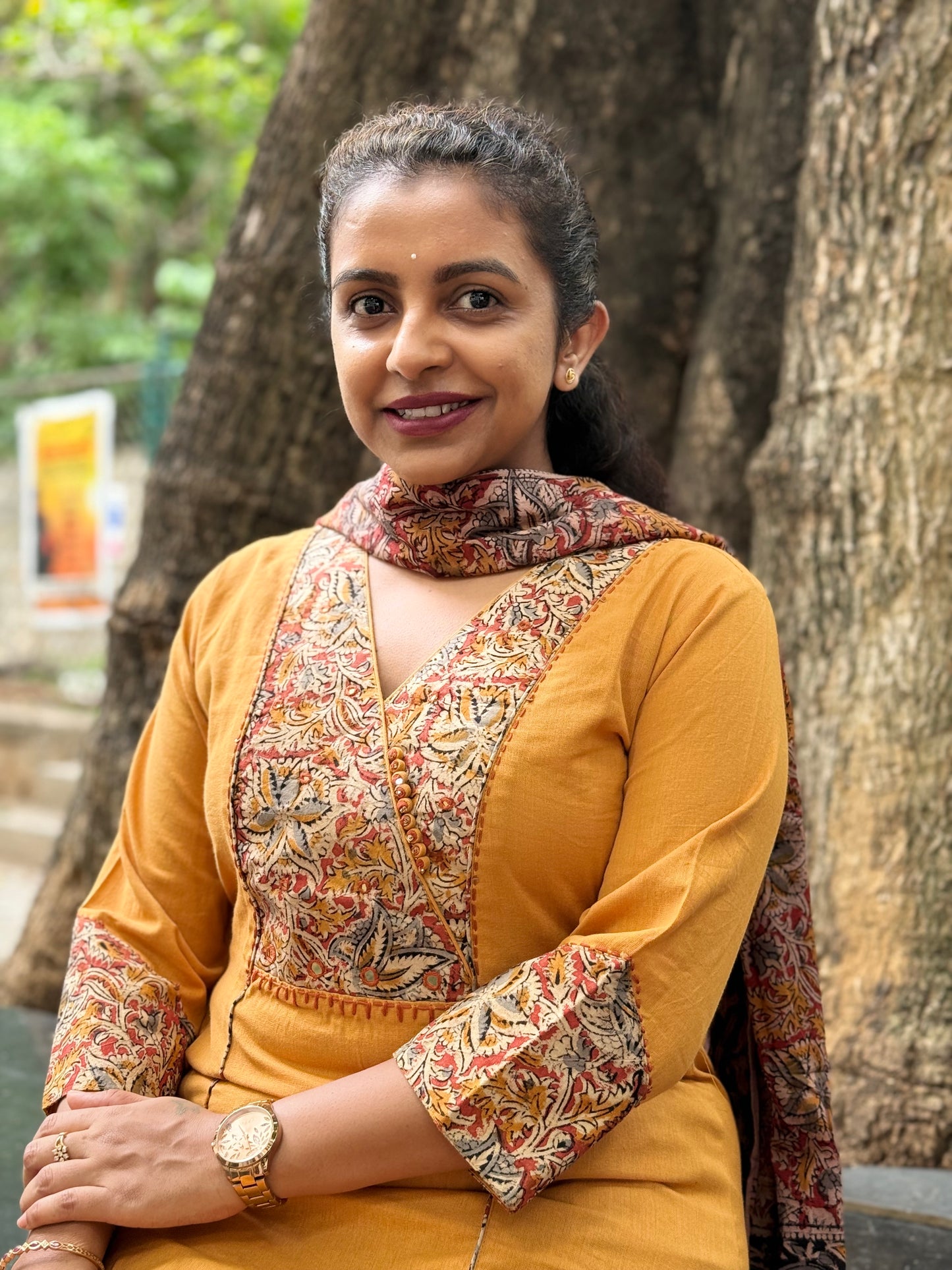 Mustard Kalamkari Pure Cotton Kurti With Pant and Dupatta - HSC1156