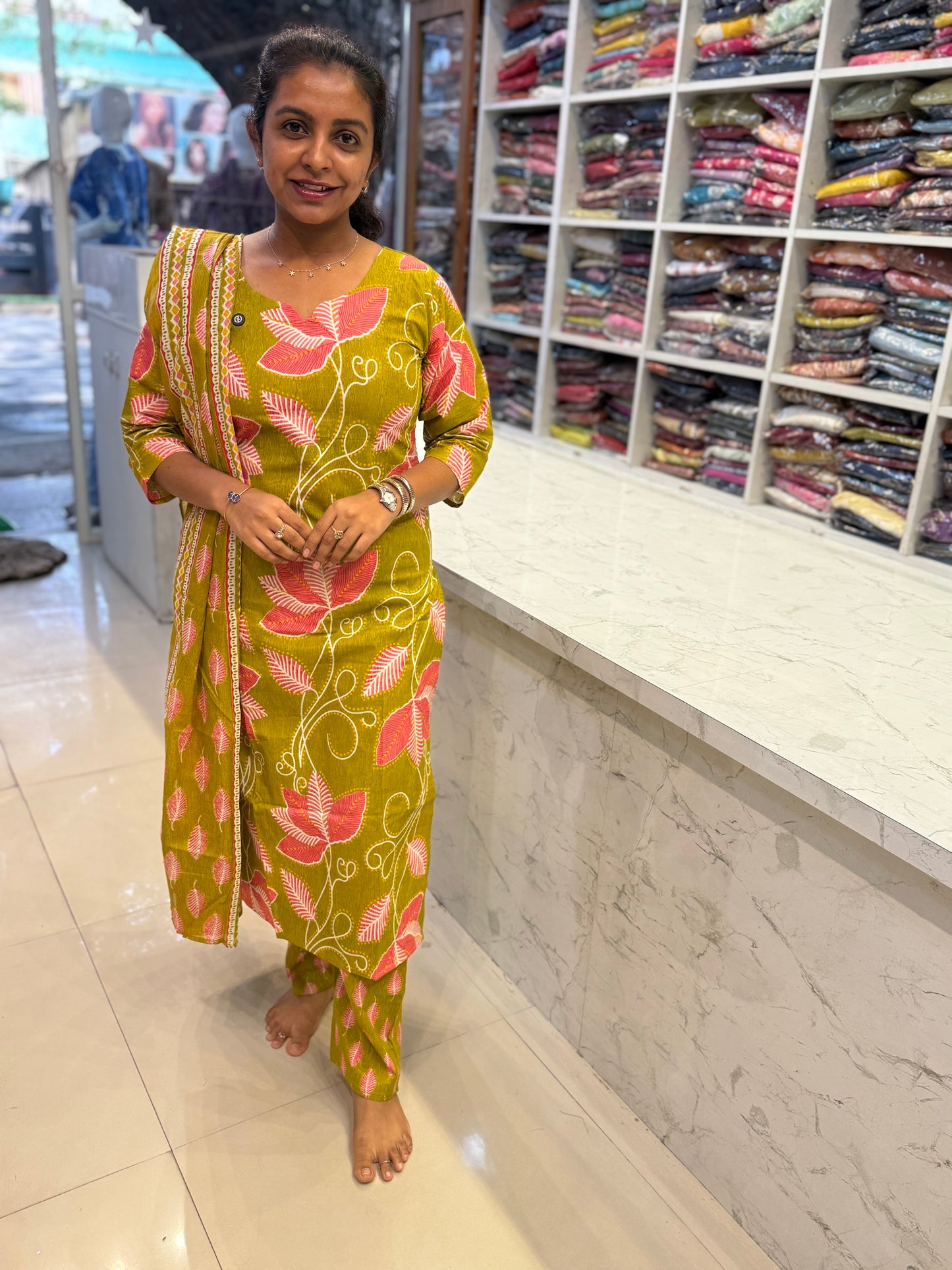 Green Printed Cotton Kurti With Pant and Dupatta