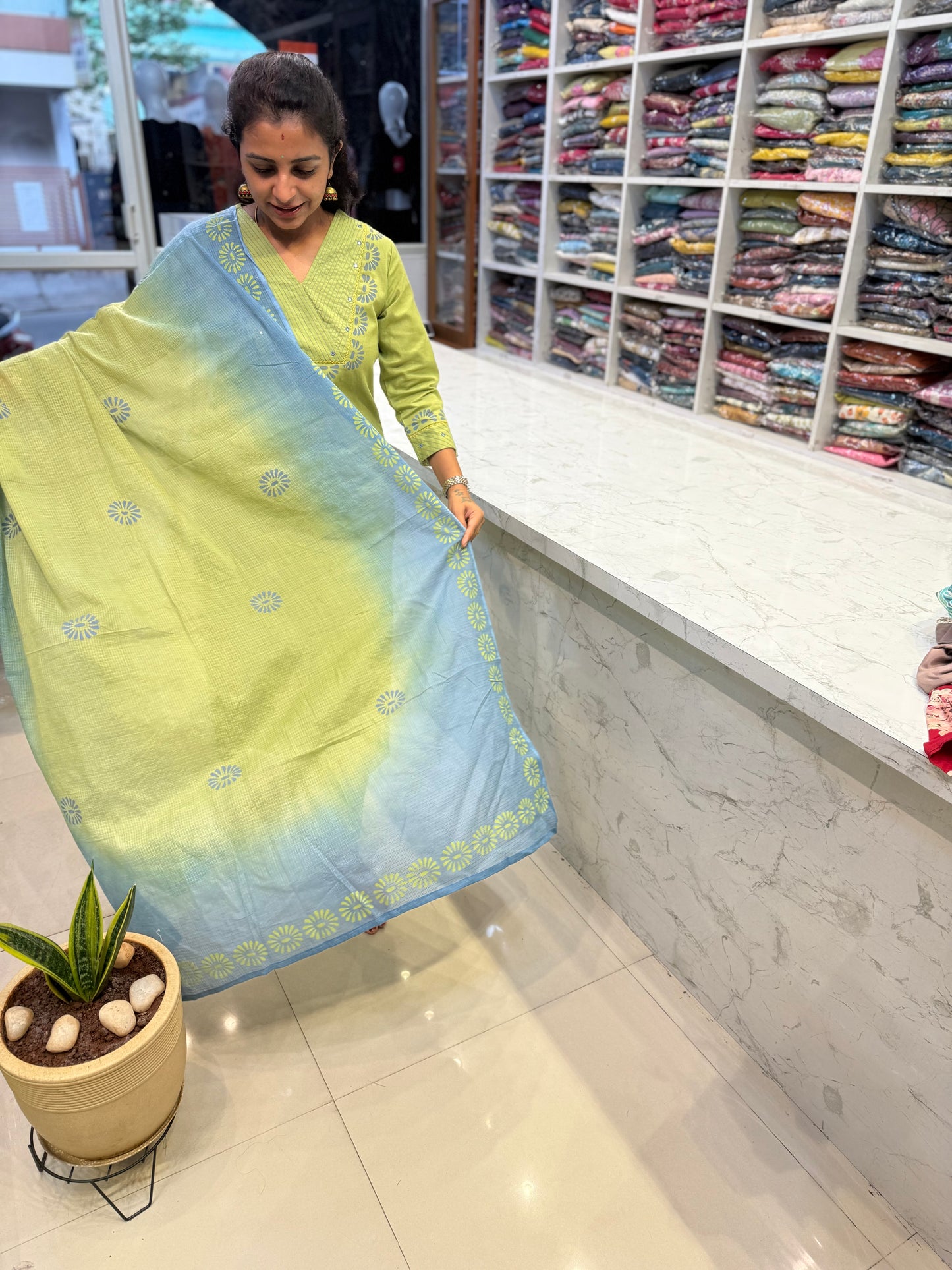 Green Cotton Kurti With pant and Dupatta