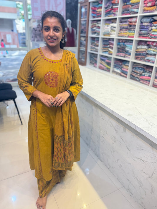 Mustard A-line Pure Cotton Block Print Salwar Suit