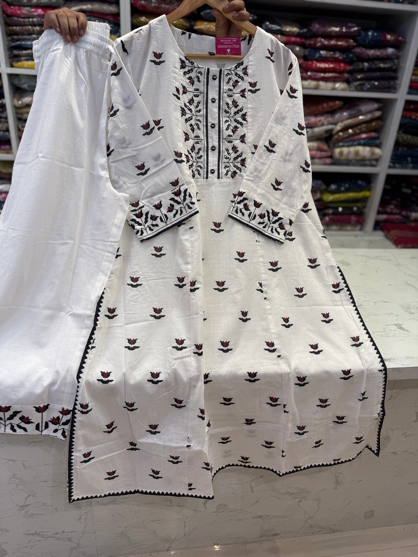 Pure White Pure Cotton Embroidered Kurti With Pant-HSC81