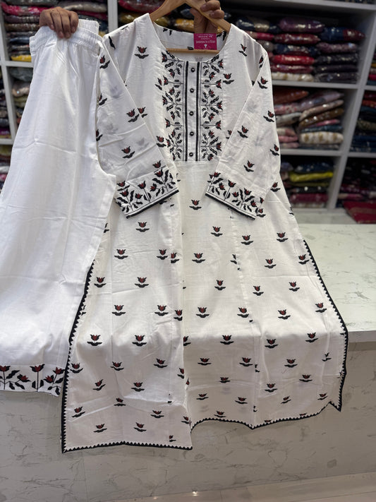 Pure White Pure Cotton Embroidered Kurti With Pant-HSC81
