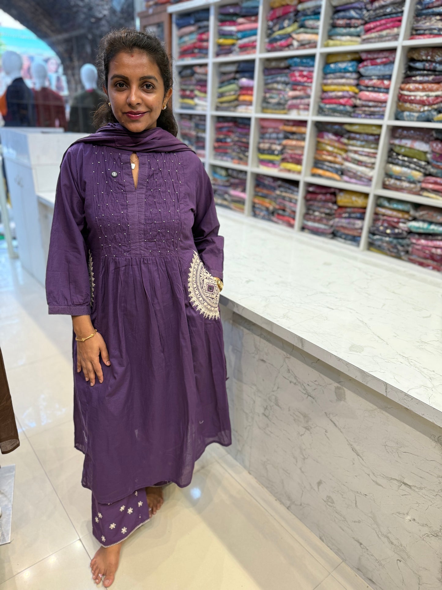 Two sides Pockets Embroidery Cotton Kurti With Pant and Dupatta-HSC29