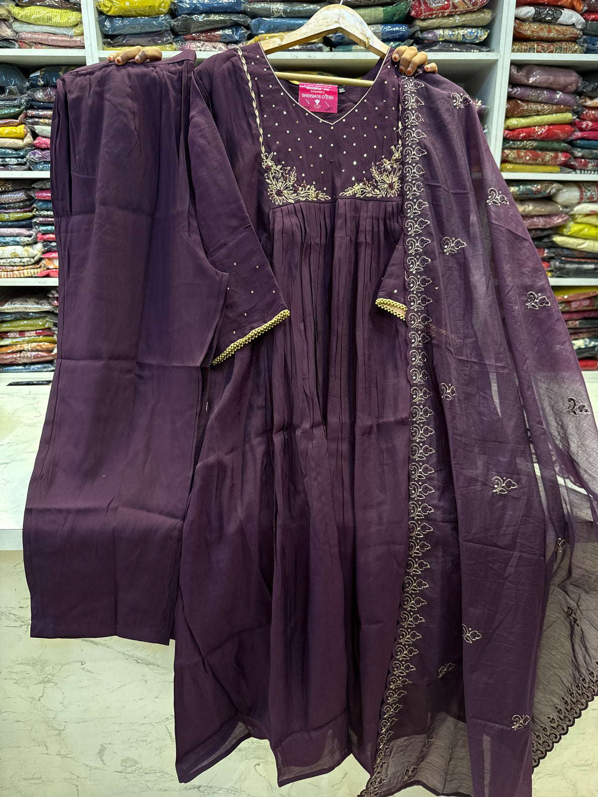 Purple Hand Embroidery Kurti With Pant and Cutwork Dupatta - HSC1212