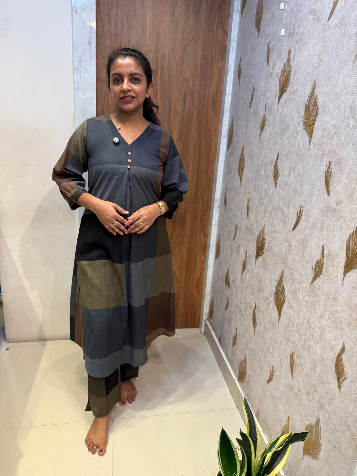 Black Checks Pure Cotton Kurti With Pant -HSC1308