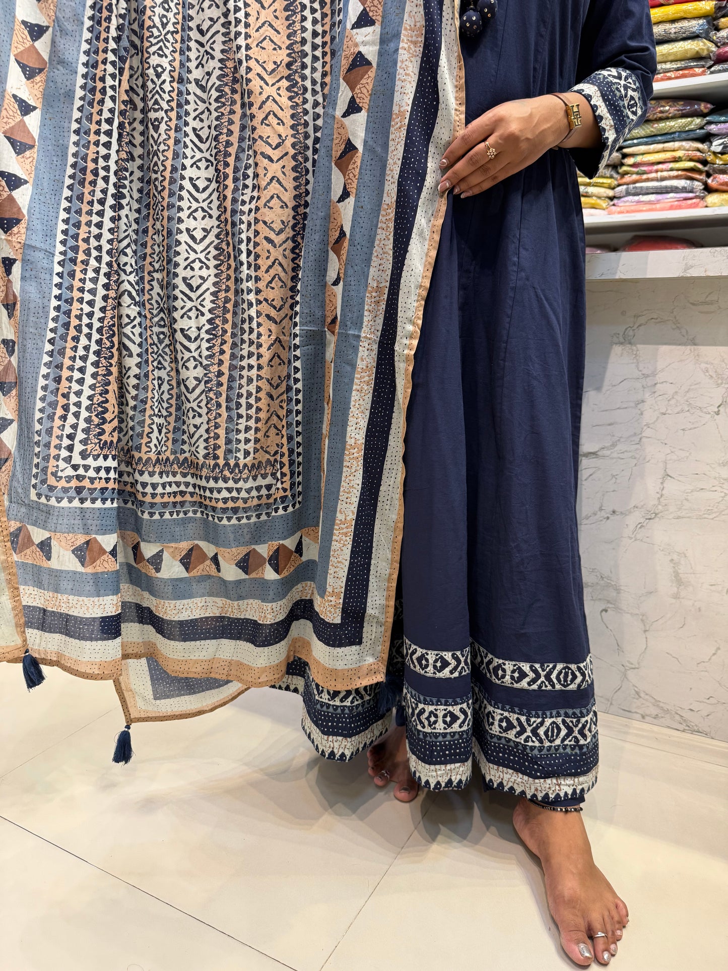 Blue Anarkali Pure Cotton A-line Kurti With Pant and Printed Dupatta-HSC129