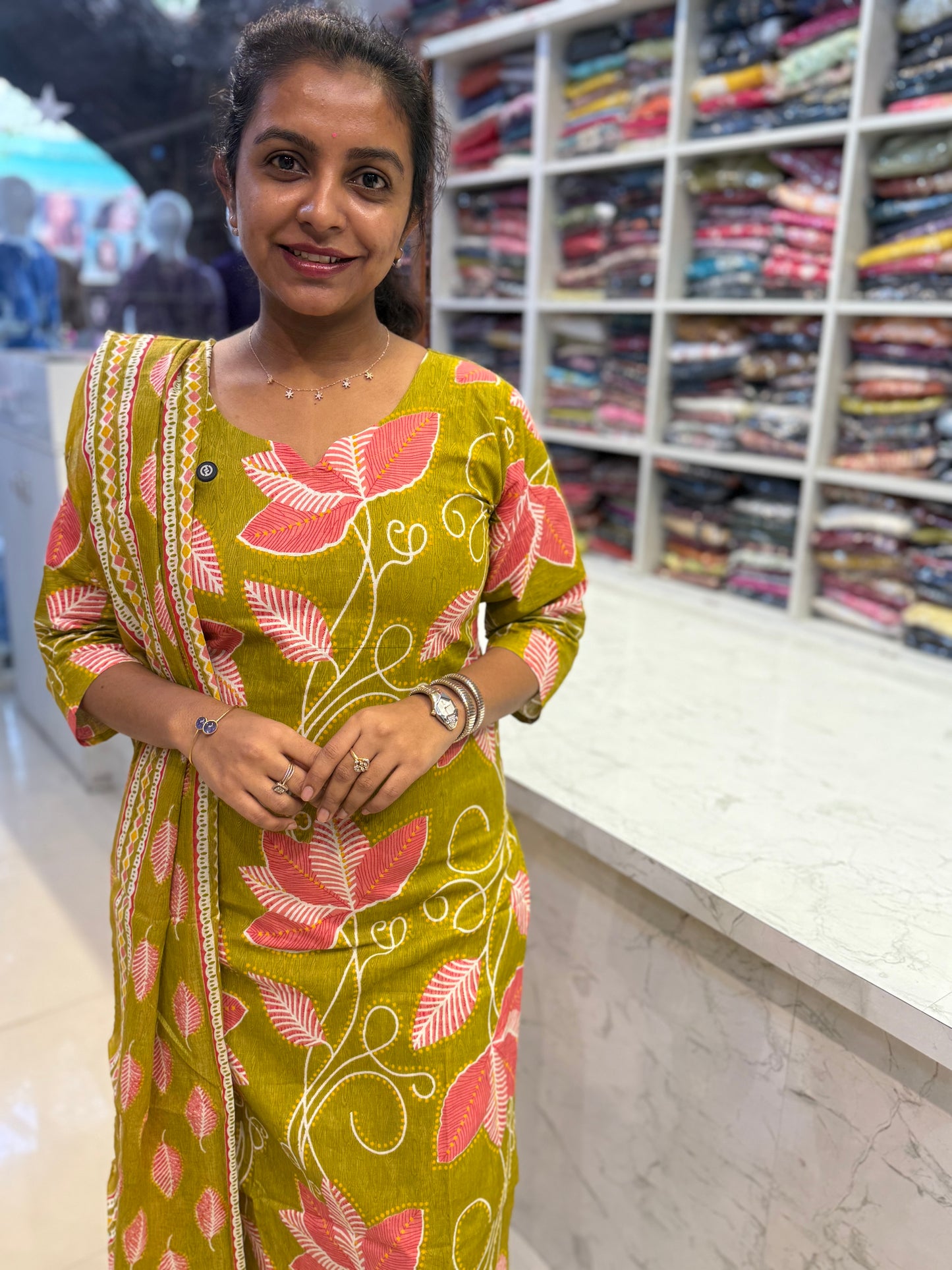 Green Printed Cotton Kurti With Pant and Dupatta