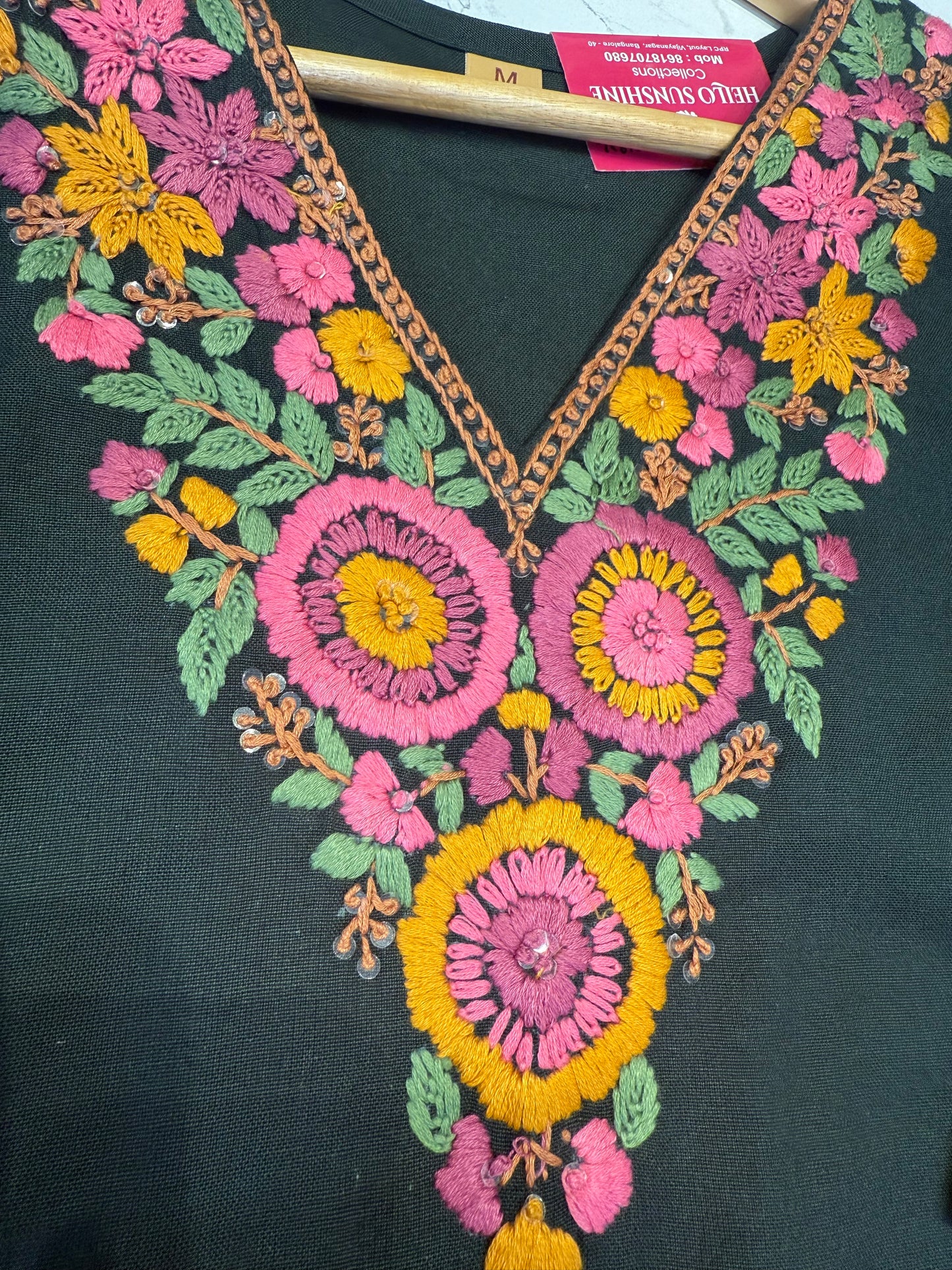 Green Embroidery Cotton Straight Cut Kurti