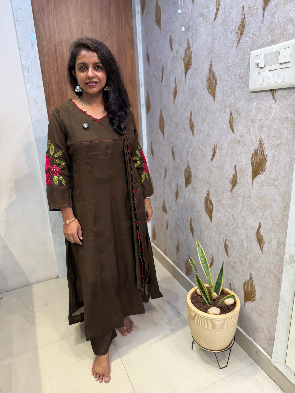 Brown Embroidery A-line Kurti With Pant and Scallop Dupatta -HSC1204
