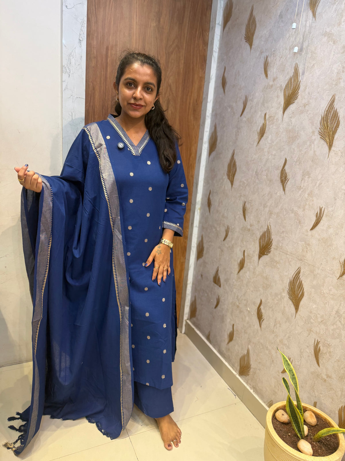 Ink Blue Zari Butta Pure Handloom Kurti With Pant and Dupatta -HSC1239
