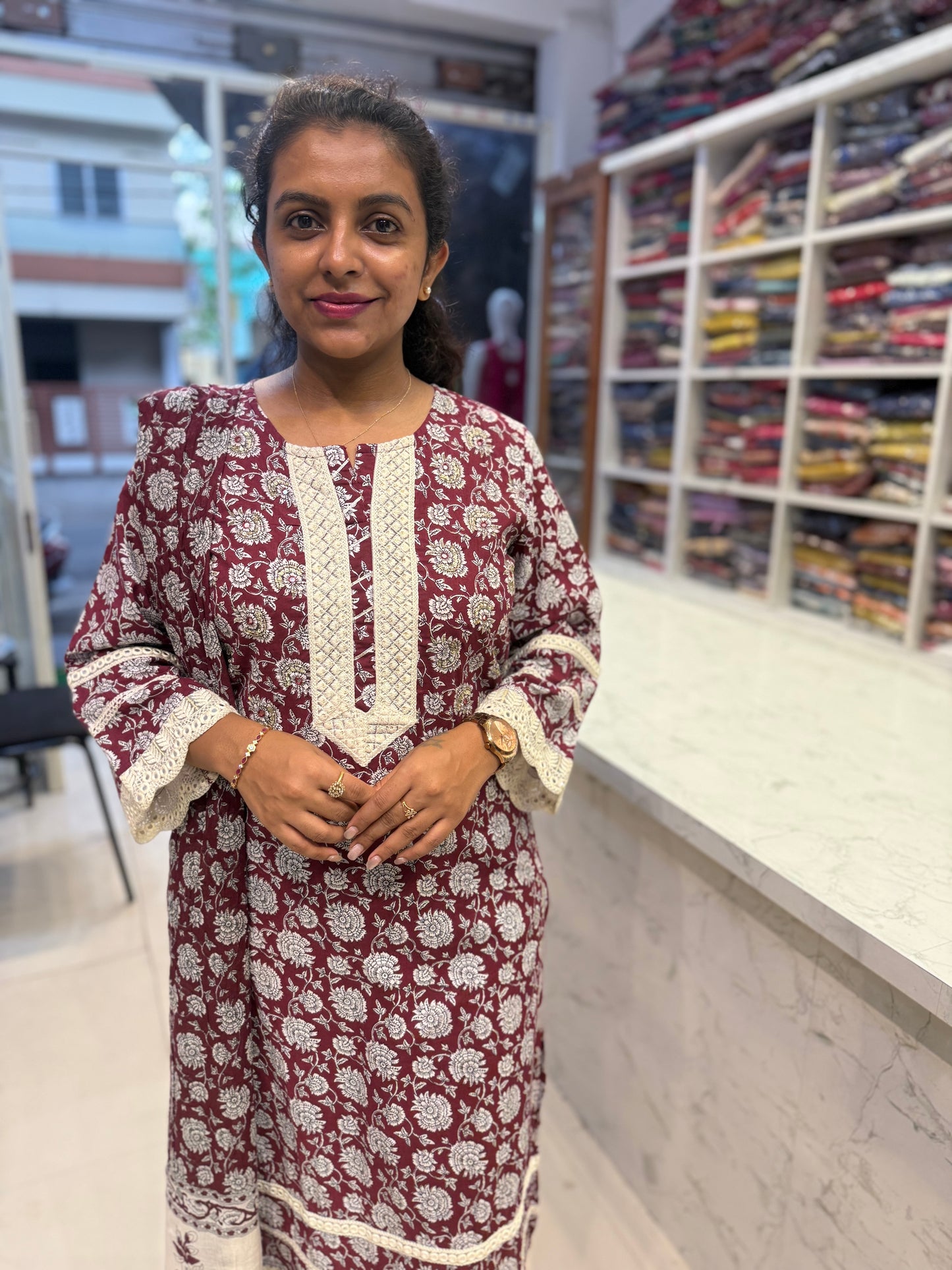 Printed Pure Cotton Kurti With Lace Detail Pant and Dupatta