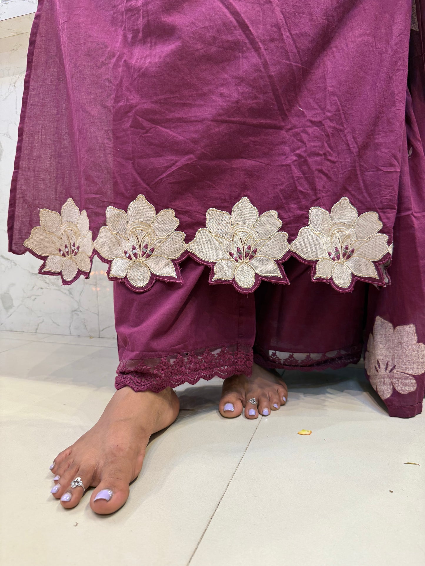 Scallop Cut Work Cotton Kurti With Pant and Dupatta