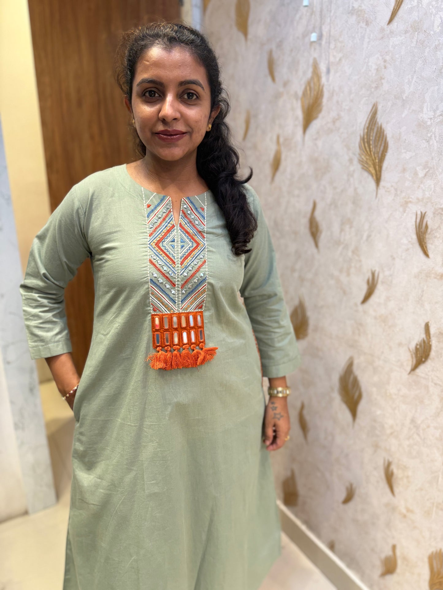 Pista Green A-line Pure Cotton Kurti With Pant - HSC1163