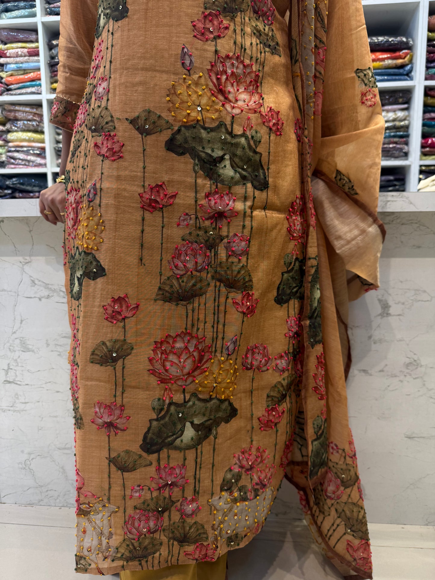 Pure Linen Lotus Knot Work Kurti With Pant and Dupatta-HSC112