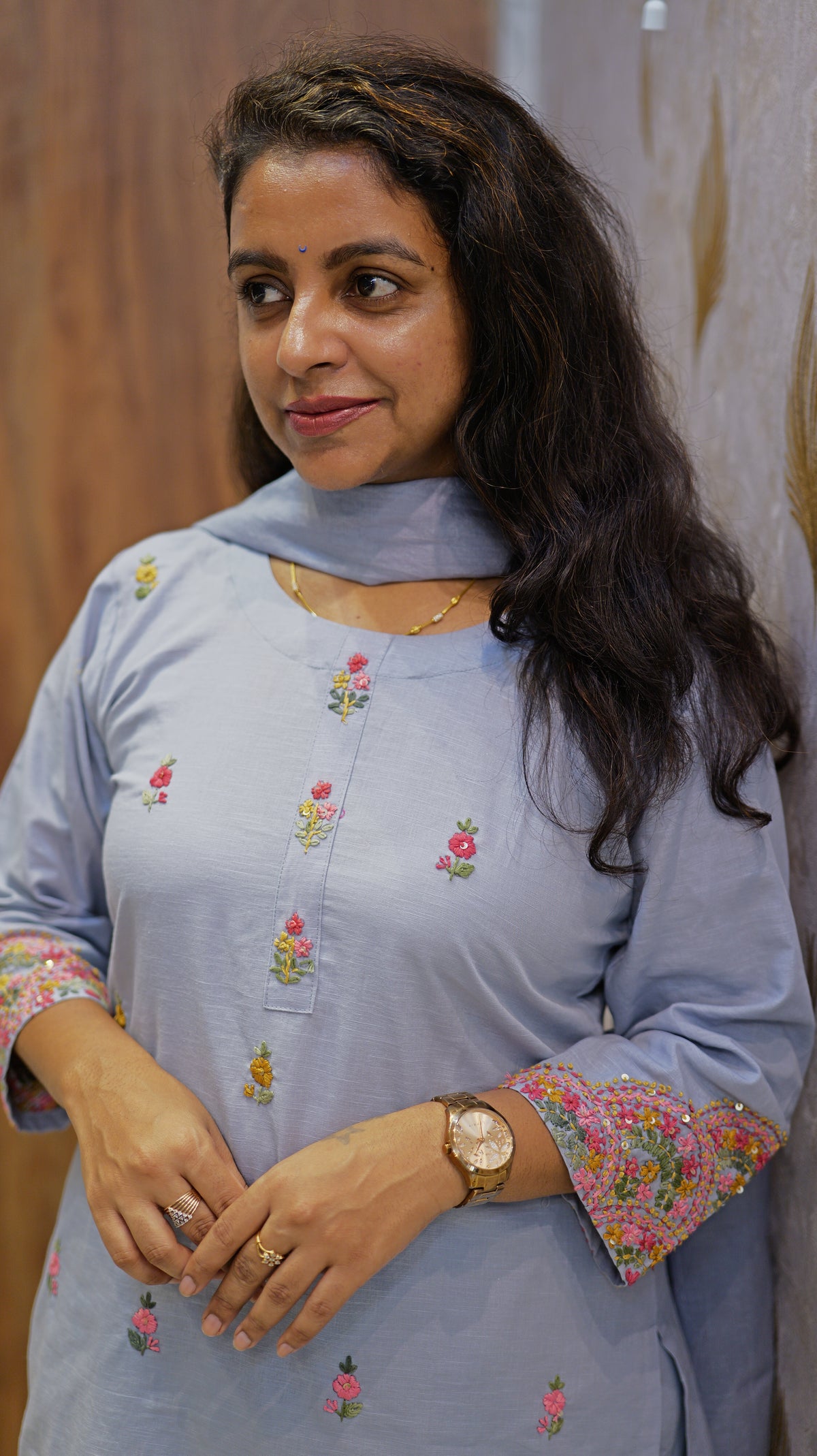 Blue Hand Embroidery Pure Cotton Kurti With Pant and Dupatta -HSC1292