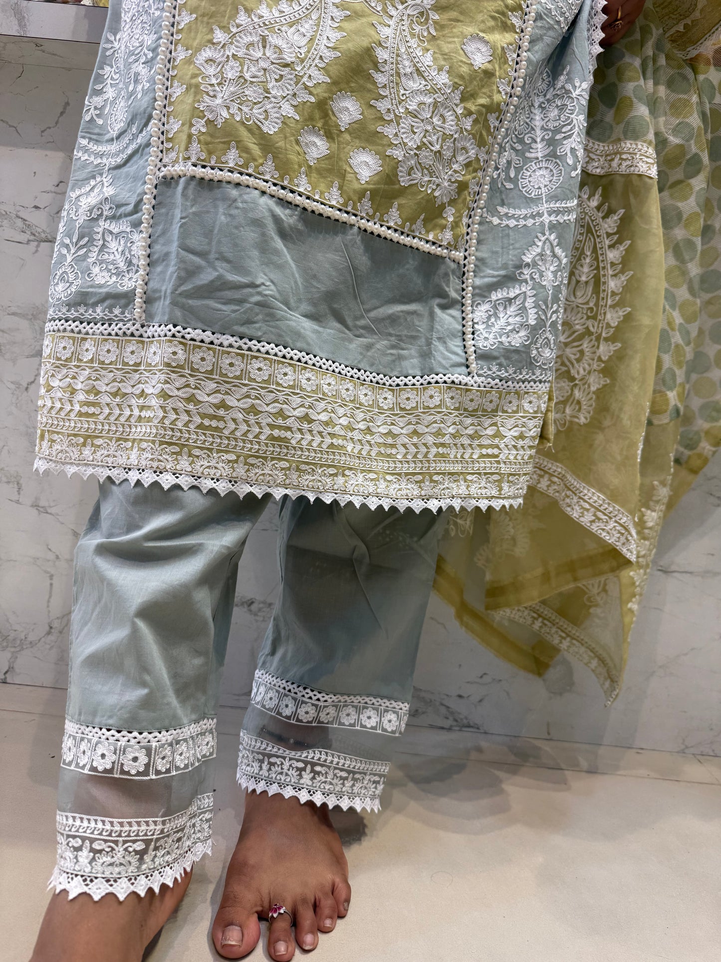 Pista Green work Embroidery Kurti With pant and Dupatta
