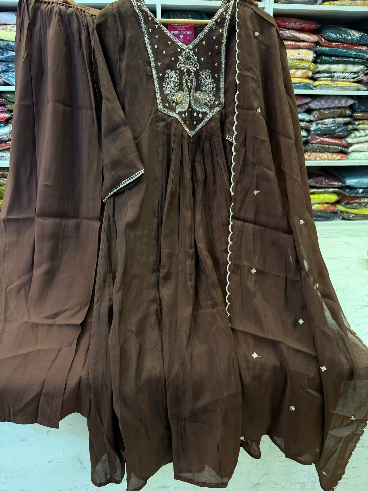 Brown Pure Silk Hand Embroidery Kurti With Pant and Dupatta  - HSC1181
