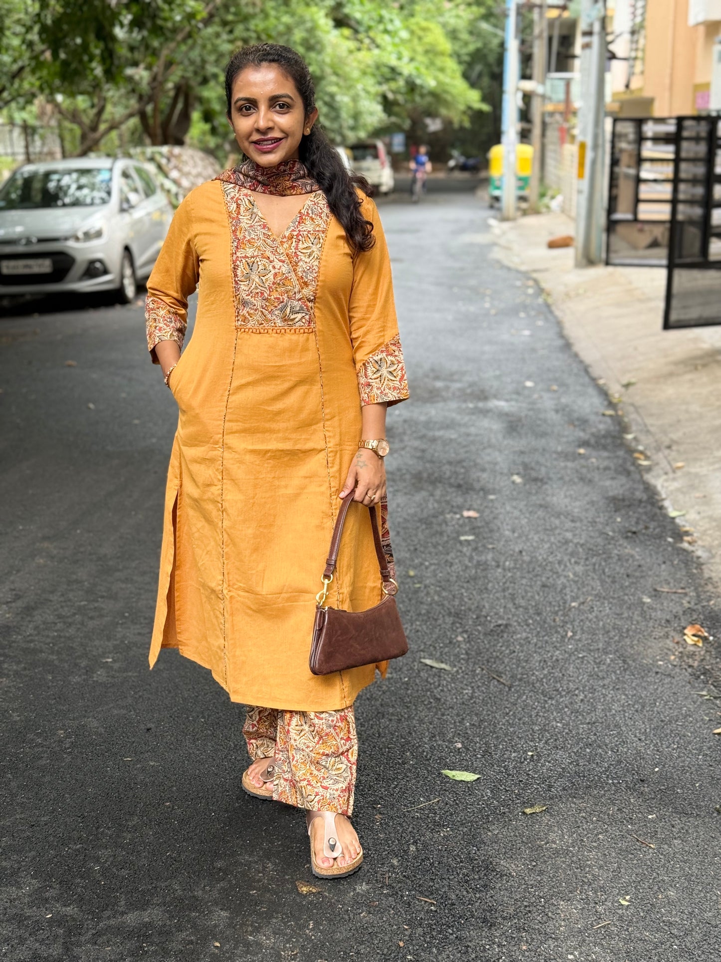 Mustard Kalamkari Pure Cotton Kurti With Pant and Dupatta - HSC1156