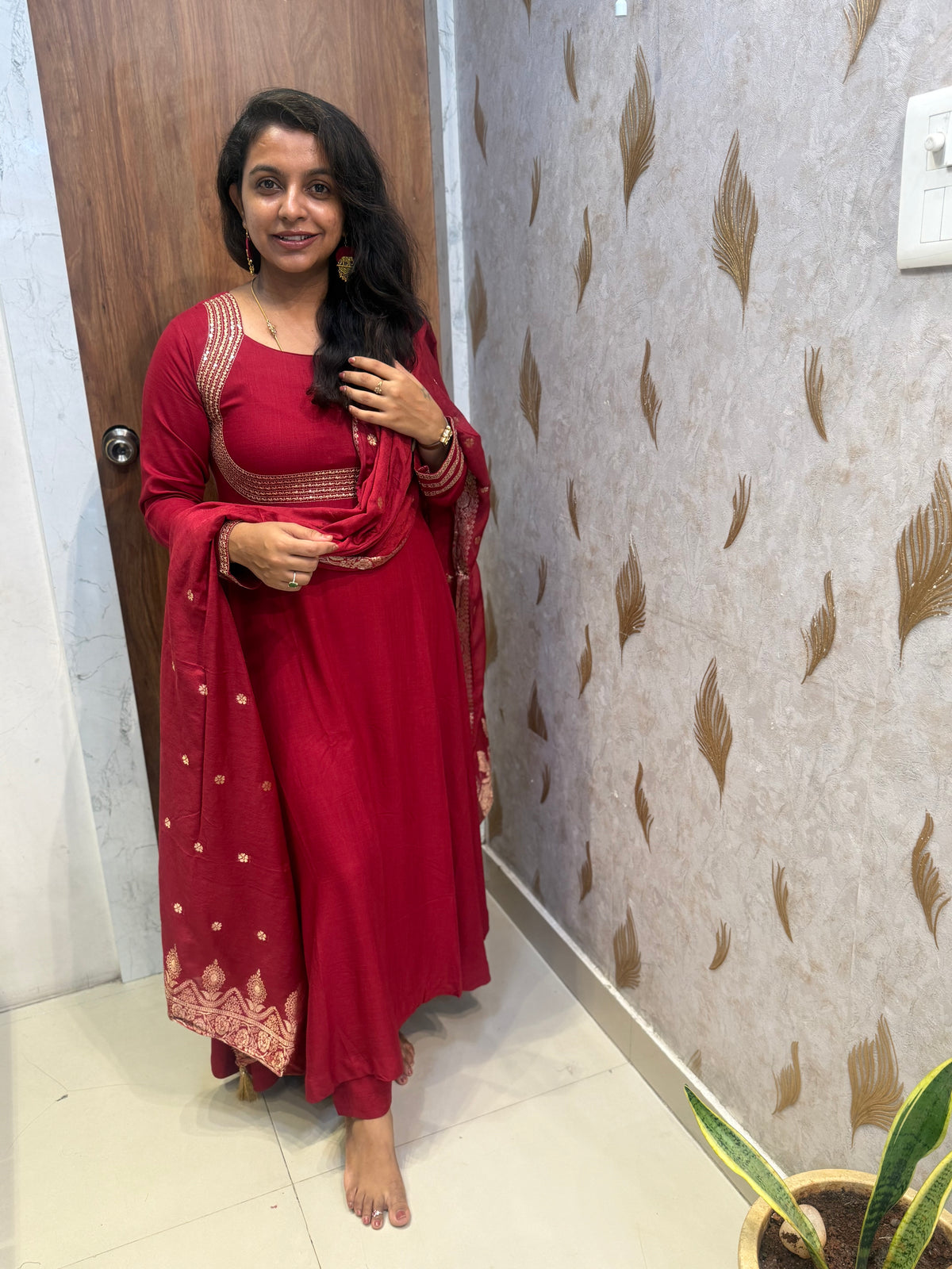 Free Earrings Red Anarkali Soft Rayon With Pant and Dupatta - HSC1201