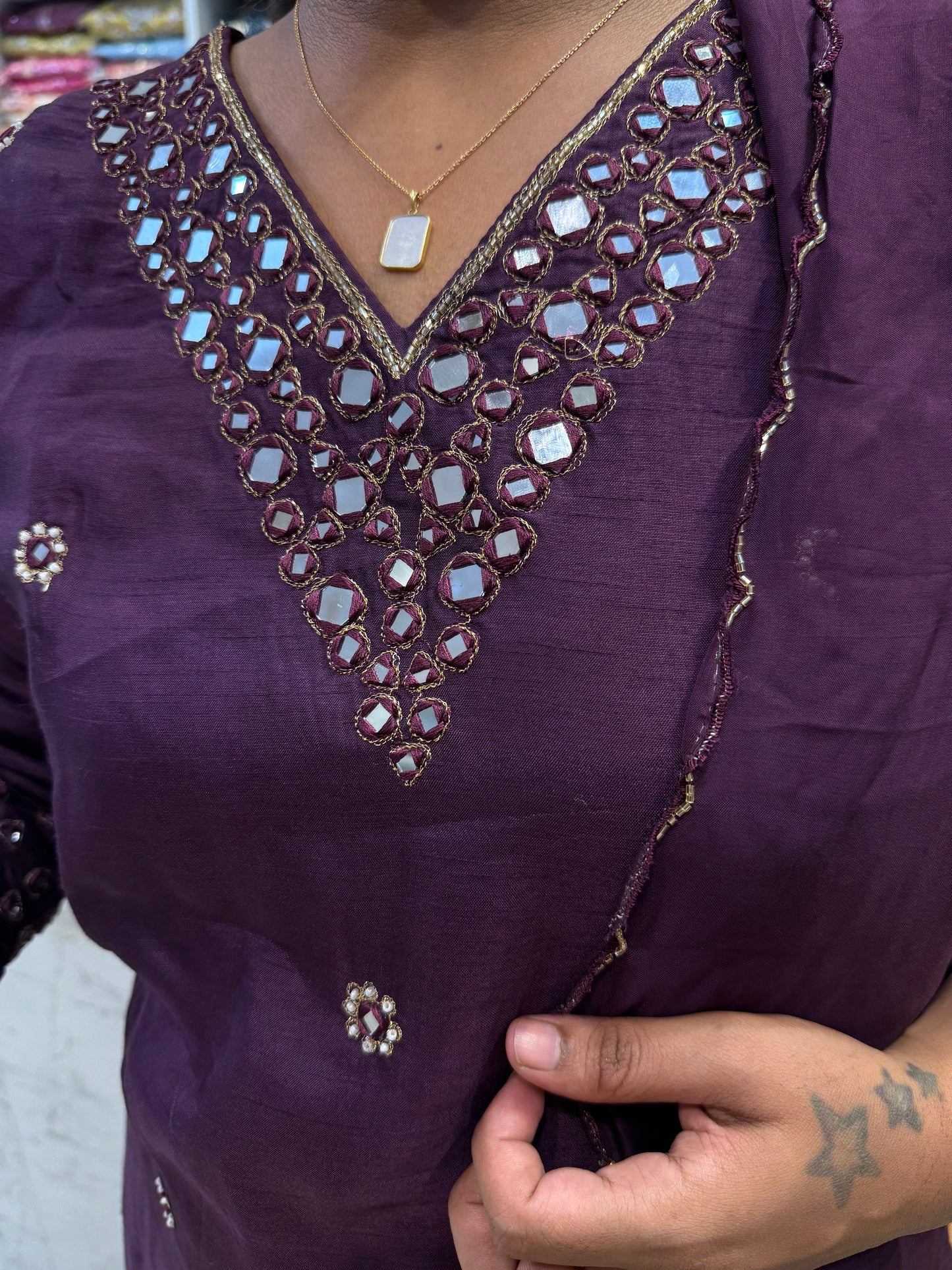 Wine Mirror Hand Work Party Wear Kurti with scallop dupatta