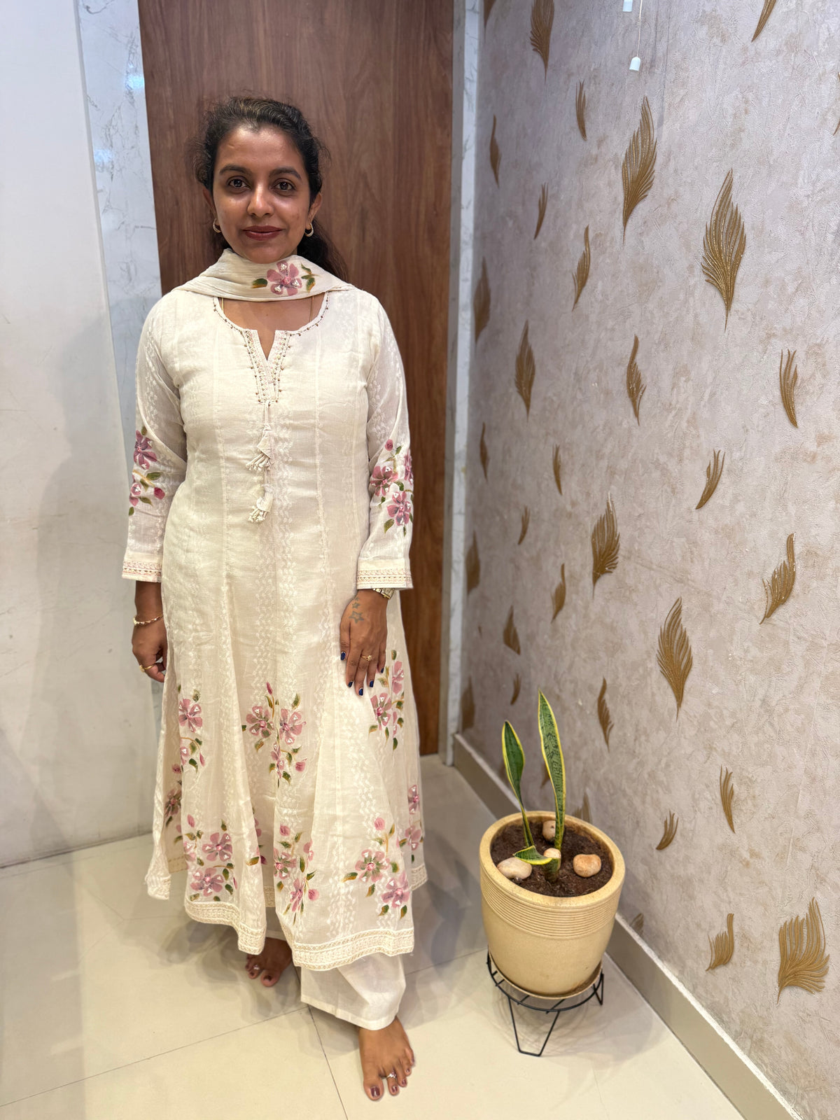 Half White Brush Painted Pure Cotton Anarkali Kurti With Pant and Dupatta -HSC1226
