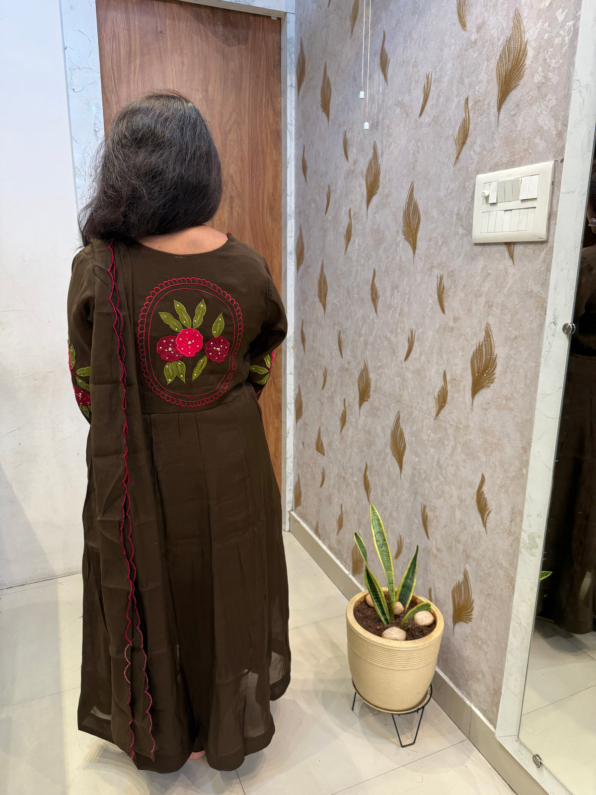 Brown Embroidery A-line Kurti With Pant and Scallop Dupatta -HSC1204