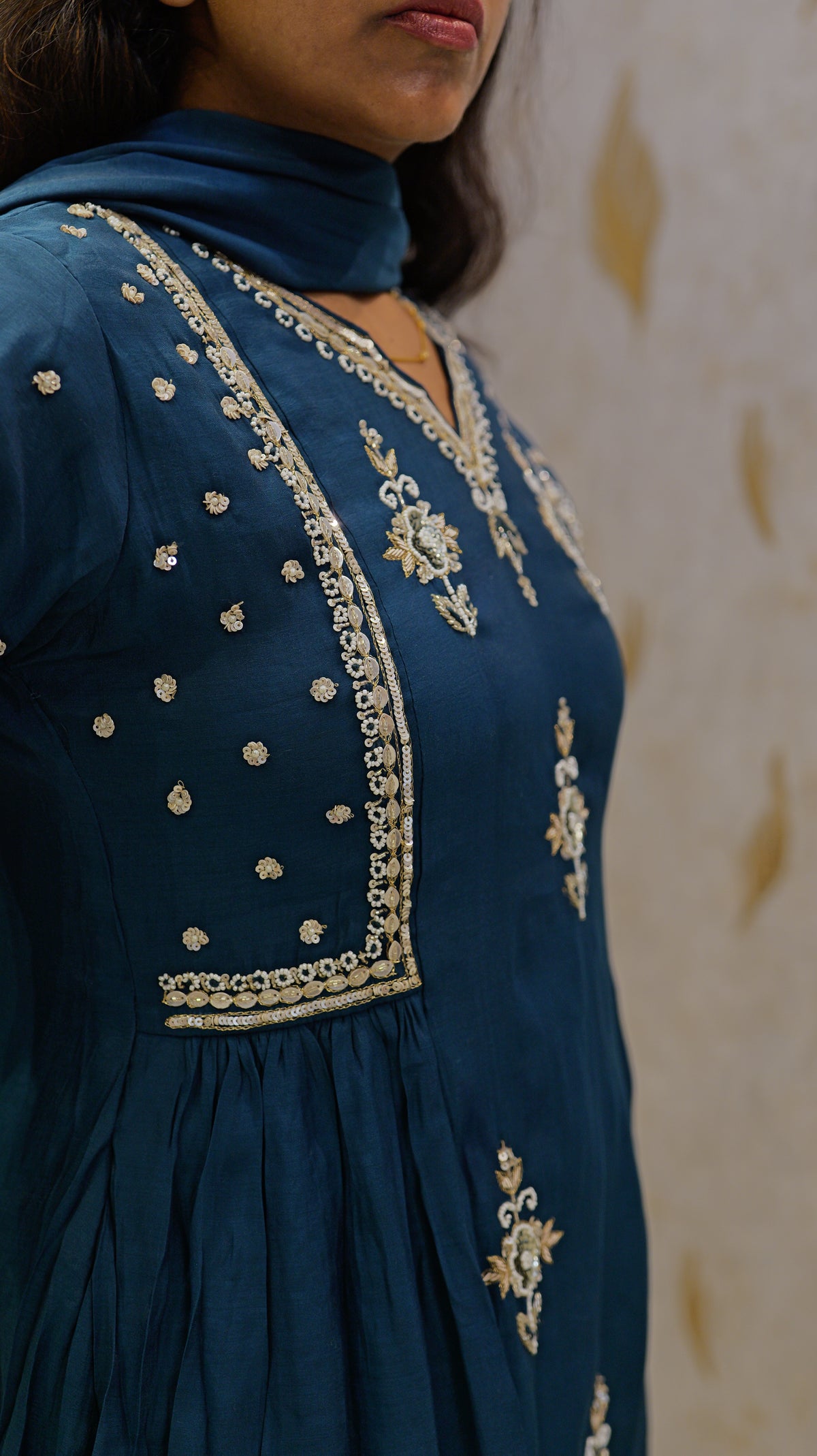 Blue Mul Chanderi Handwork A-line Kurti with Pant and Dupatta -HSC1296