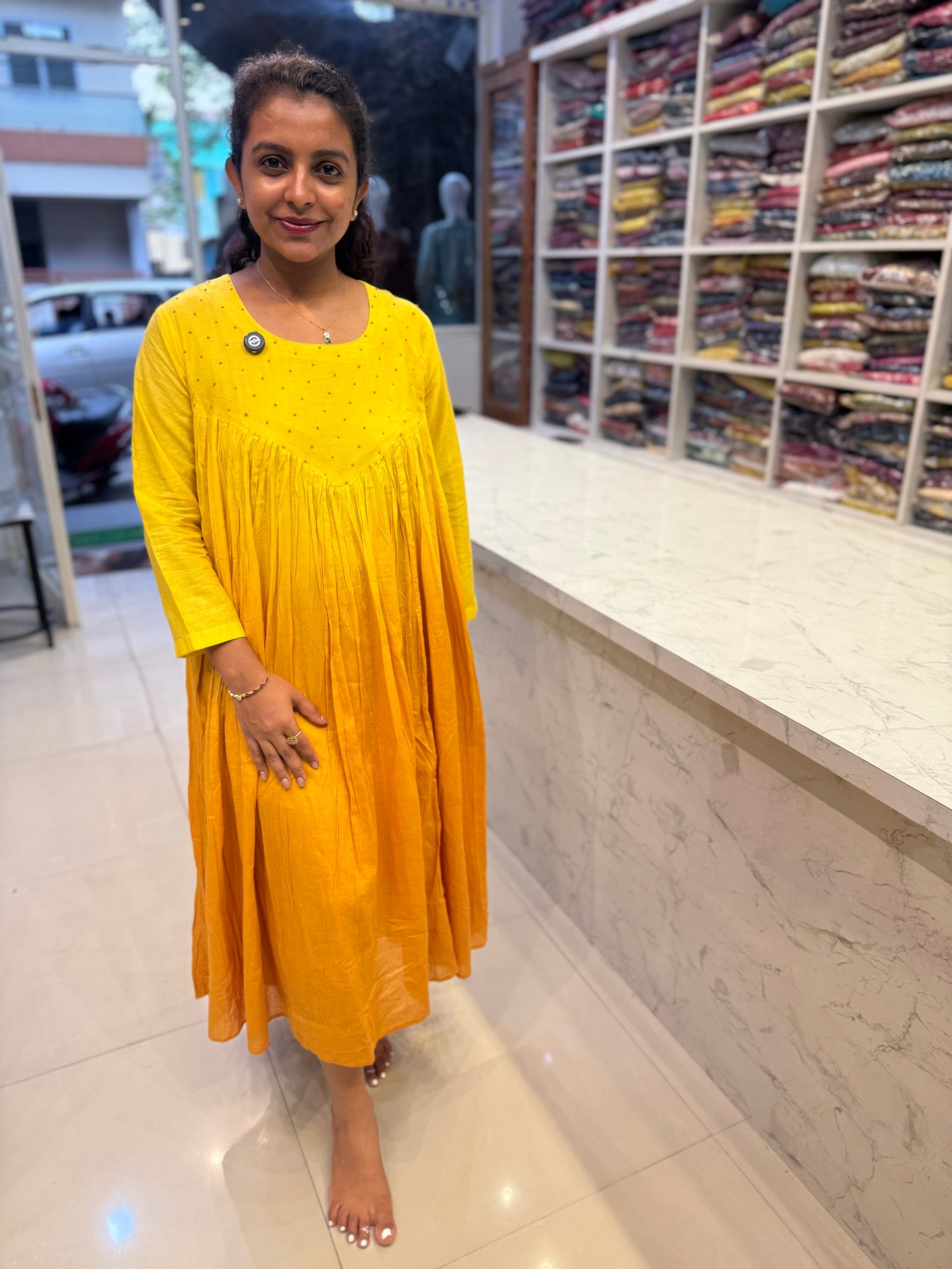 Dual yellow Mustard Mul Cotton Gown-HSC172