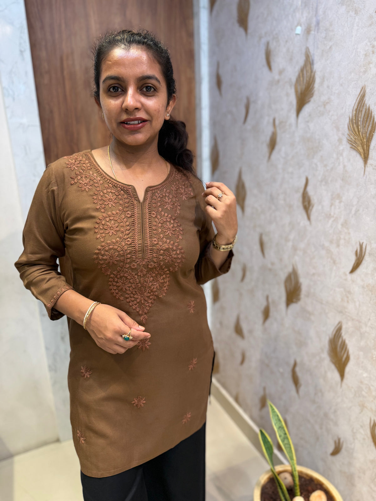 Brown Pure Rayon Chikankari Tunics Top -HSC1249