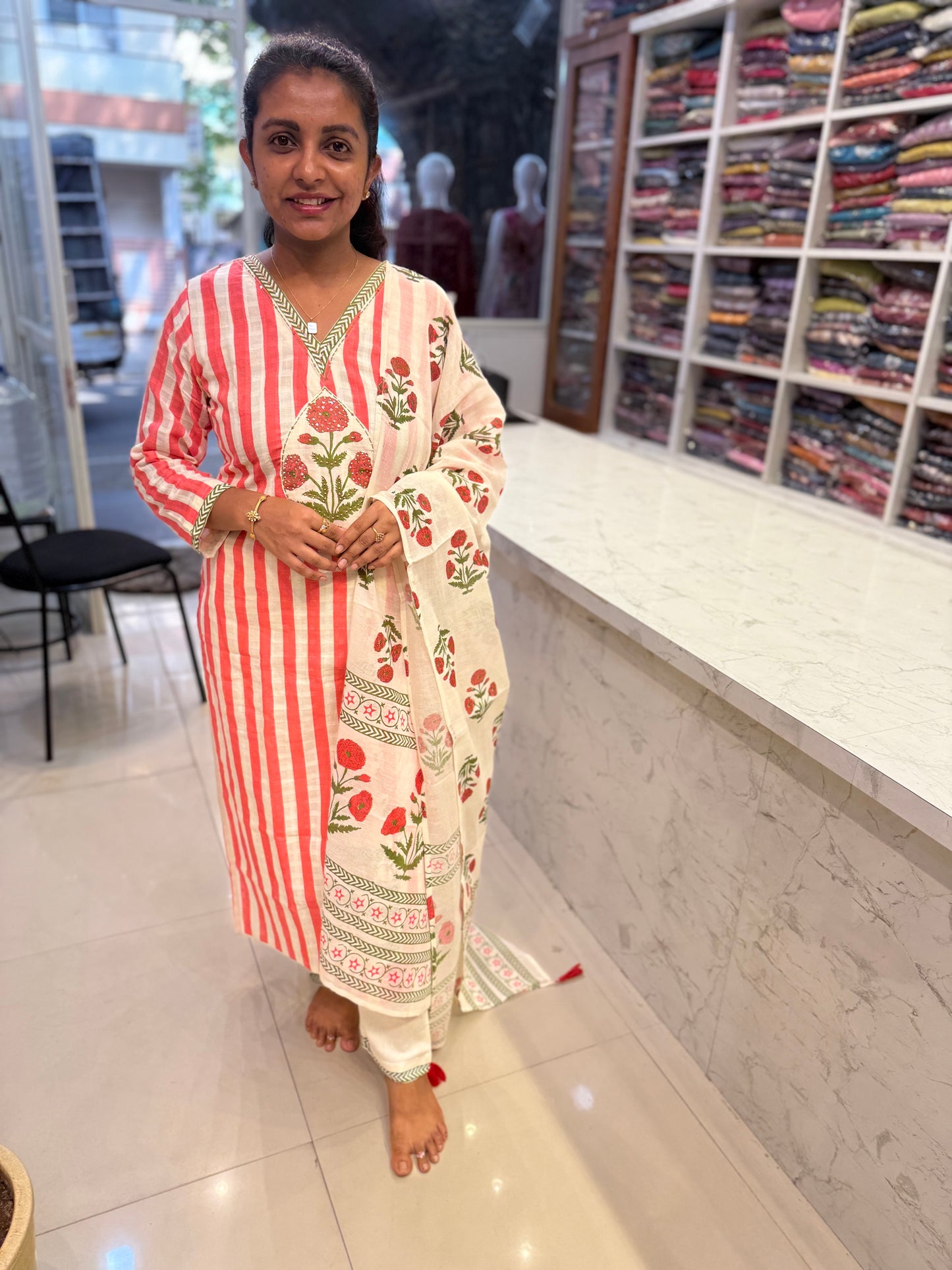 Stripes Pure linen Cotton Kurti With Pant and Mogal Printed Dupatta-HSC36