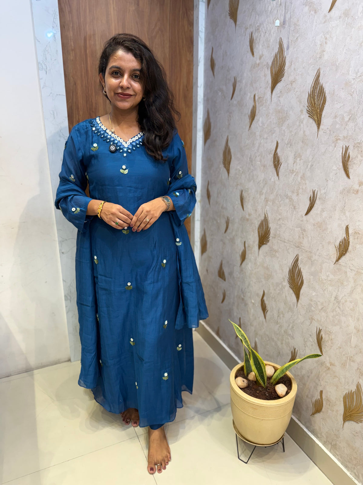 Ink Blue Pure Mul Chanderi Knotwork Embroidery Kurti With Pant and Dupatta -HSC1213