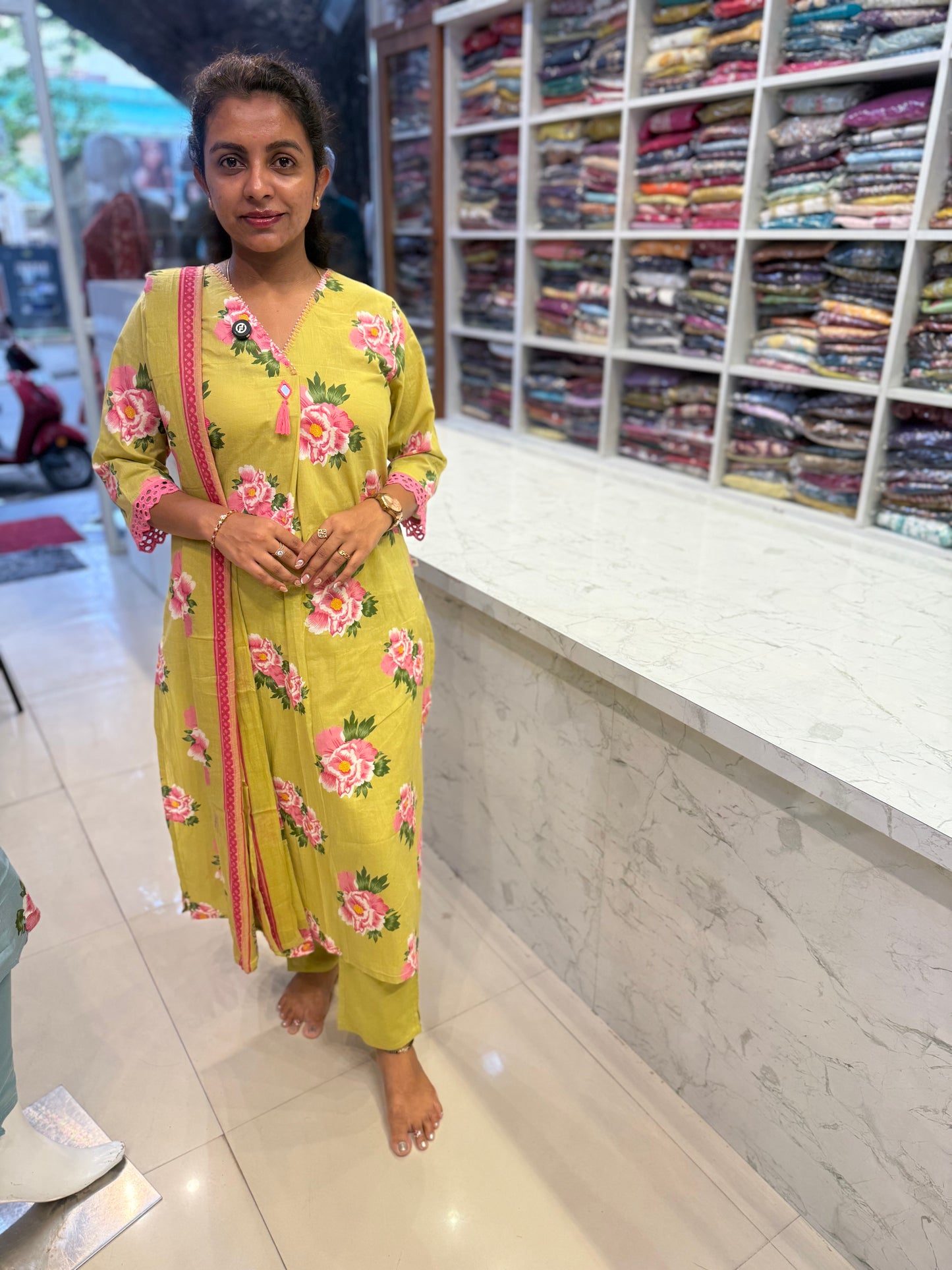 Floral Printed Pure Cotton Kurti With Pant and Dupatta-HSC123