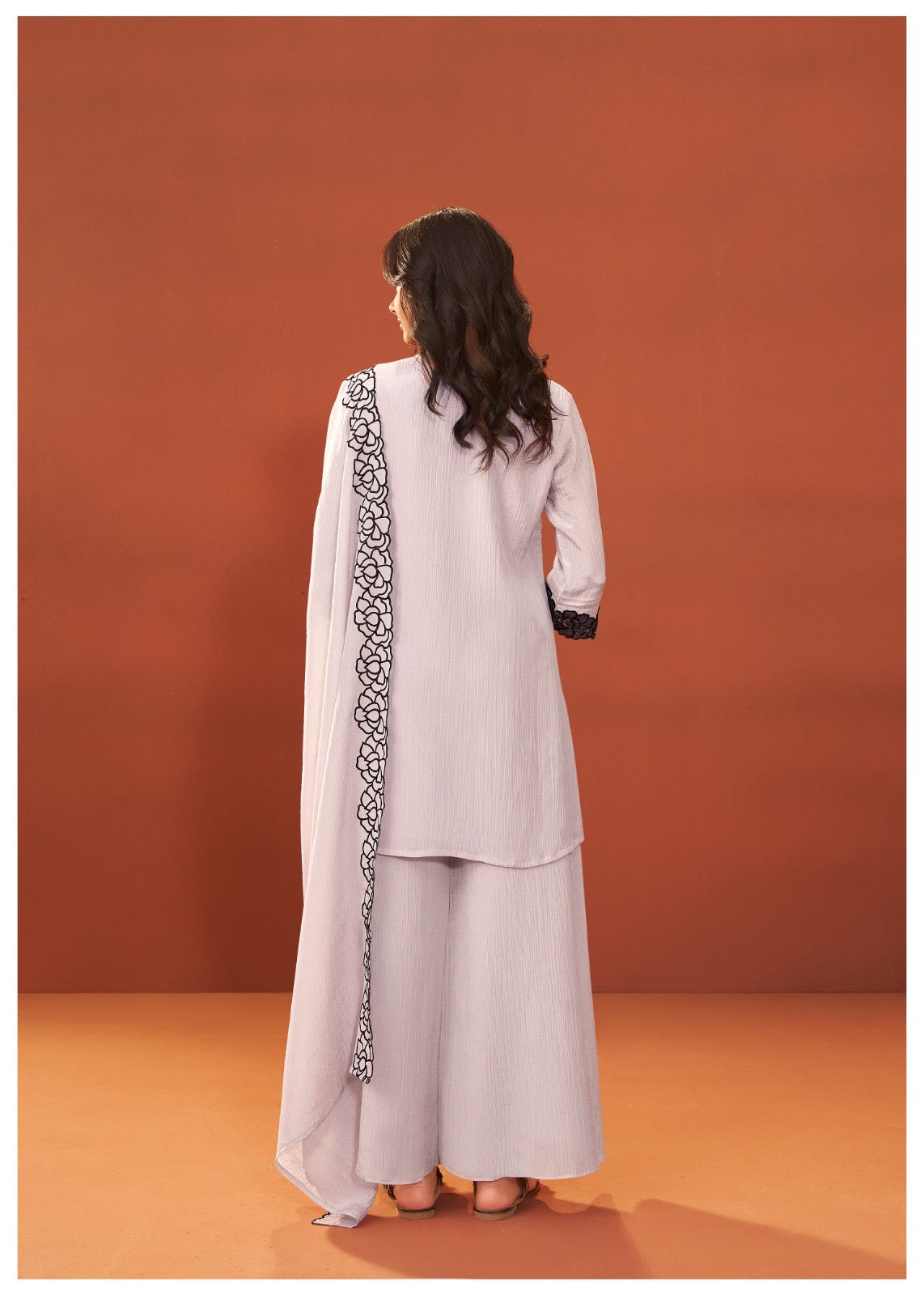 Shimmer Crush Thread Embroidery Kurti With Divider Pant with Scallop Dupatta-HSC155