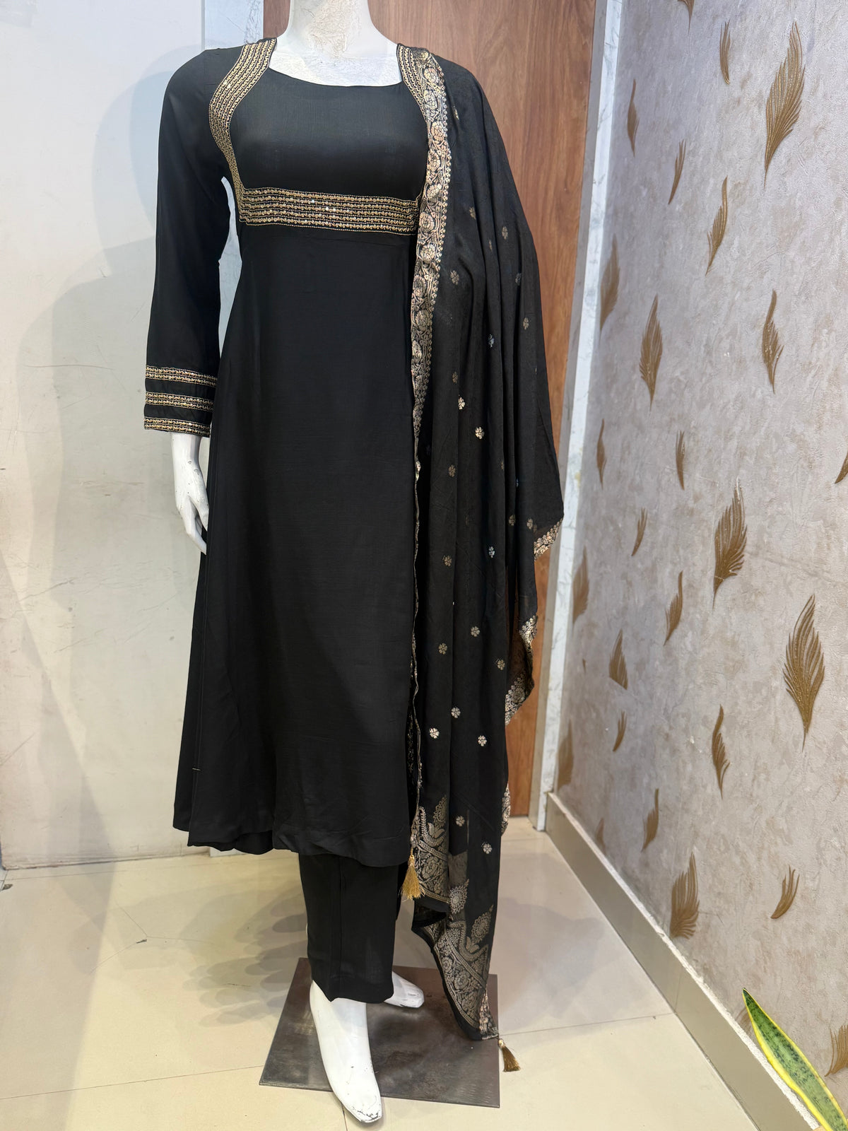 Free Earrings Black Anarkali Soft Rayon With Pant and Dupatta -HSC1201