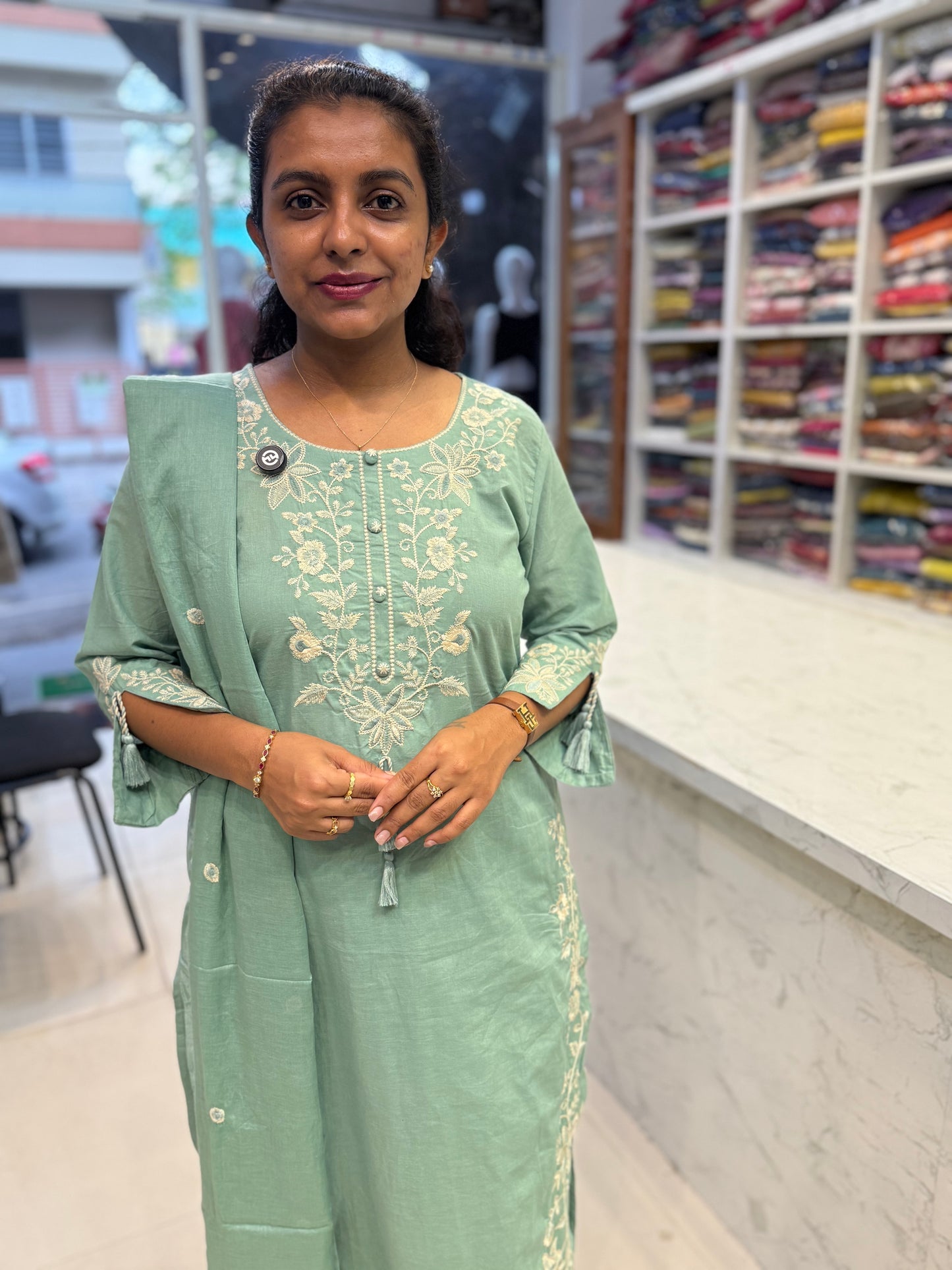 Mint Green Pure Cotton Embroidery Kurti With Pant and Dupatta - HSC1145