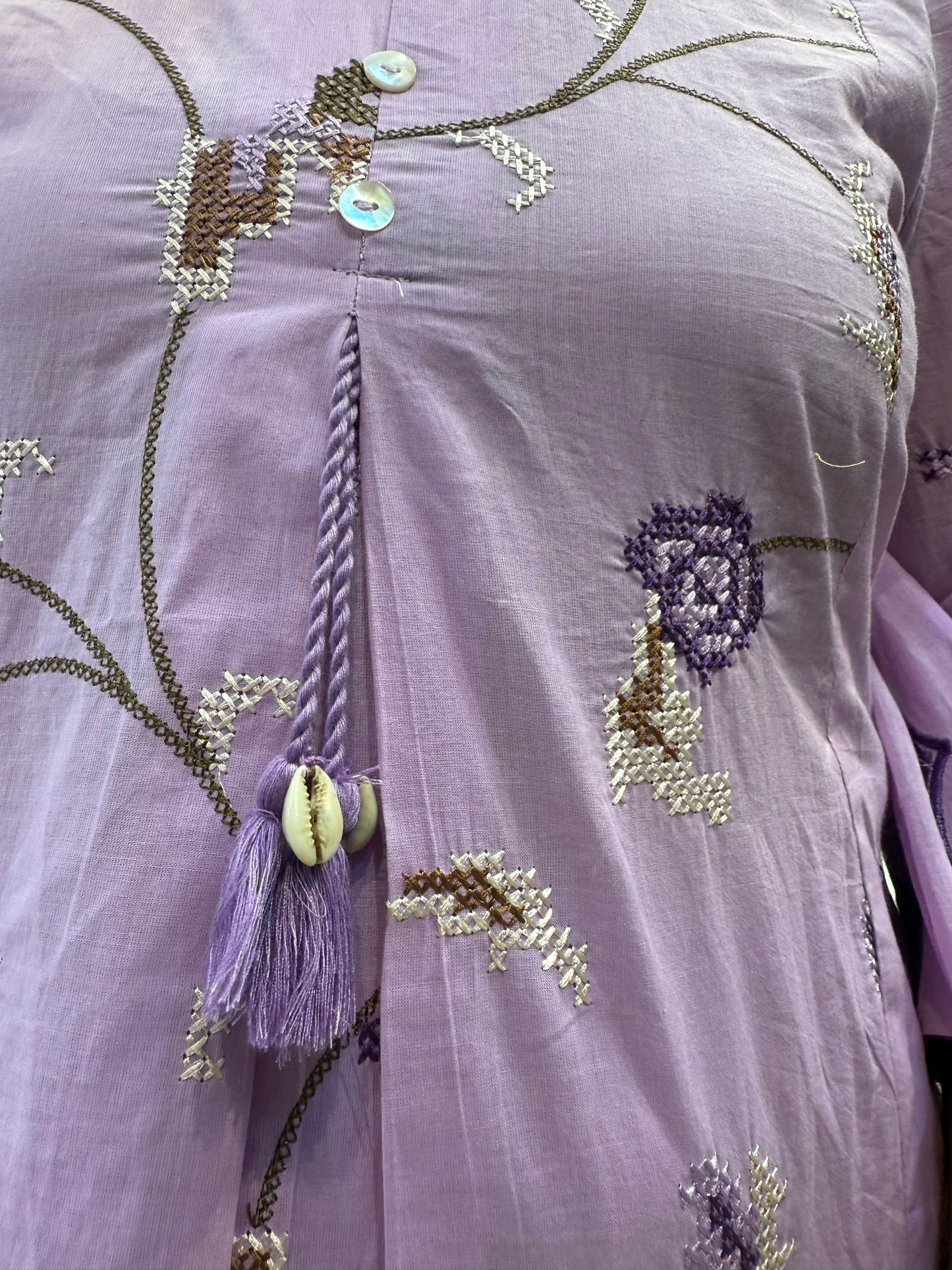 Lavender Crossstich Work Pure Mul Cotton A-line Kurti With Pant and cut work Dupatta