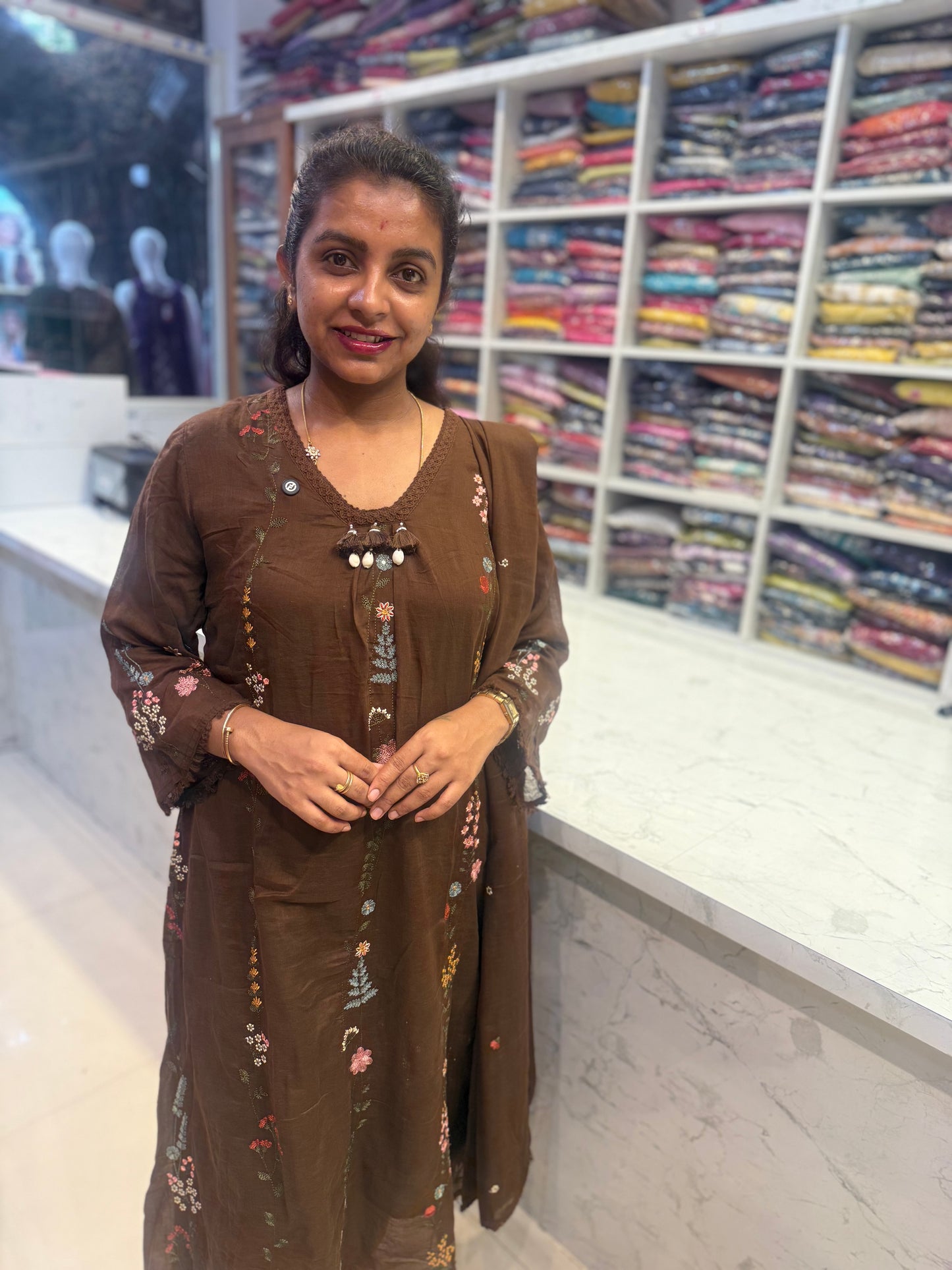 Brown Pure Mul Cotton Embroidered Kurti With Pant and Dupatta-HSC87