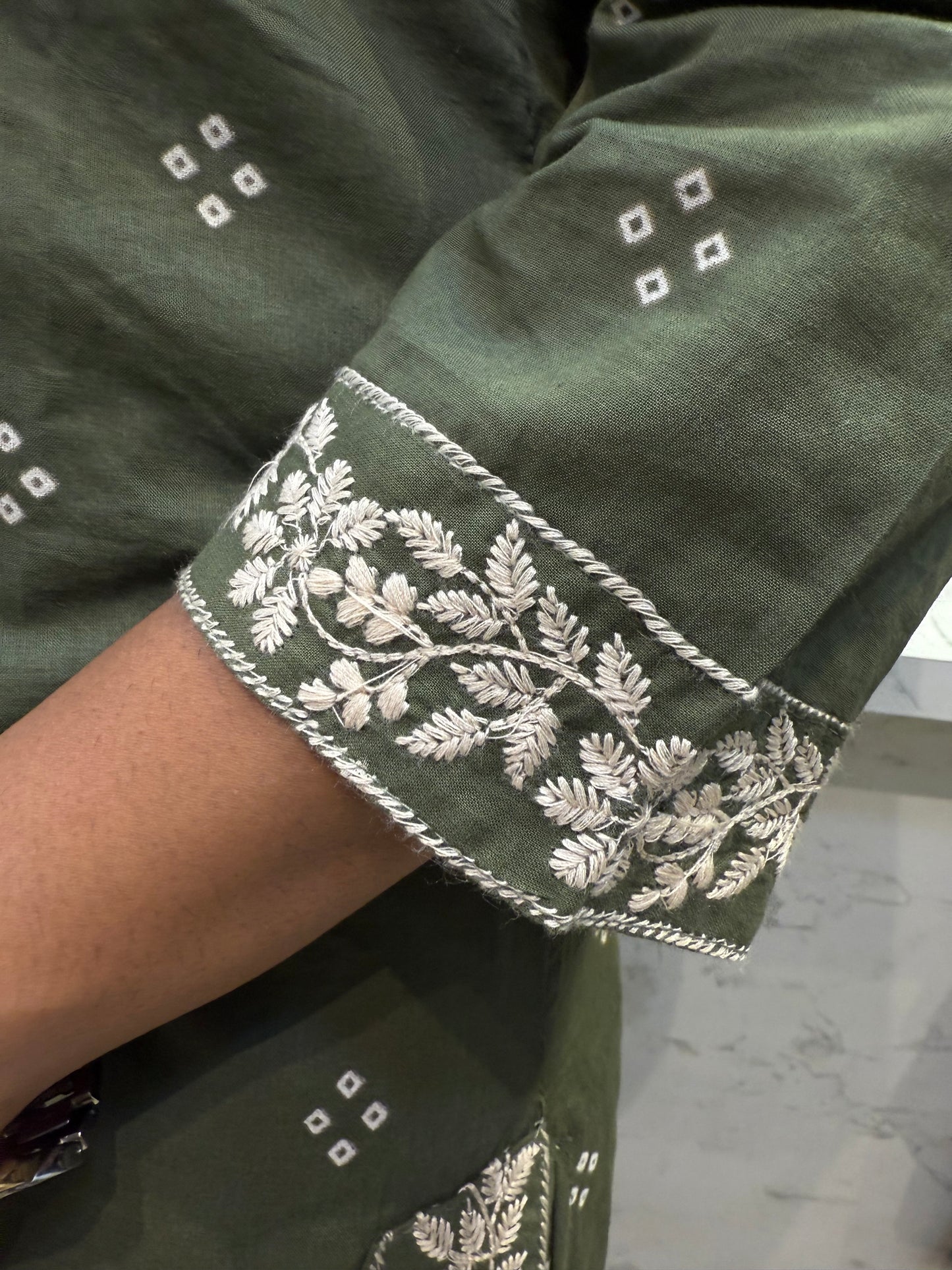 Olive Green Bandhani Cotton chikankari Kurti with Pant and Dupatta