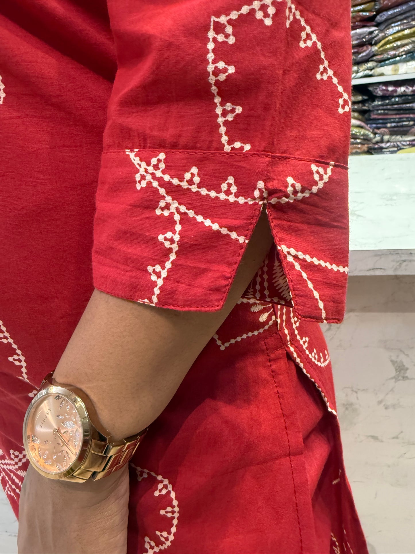 Red Floral Printed Pure Cotton Kurti With Pant and Dupatta-HSC122