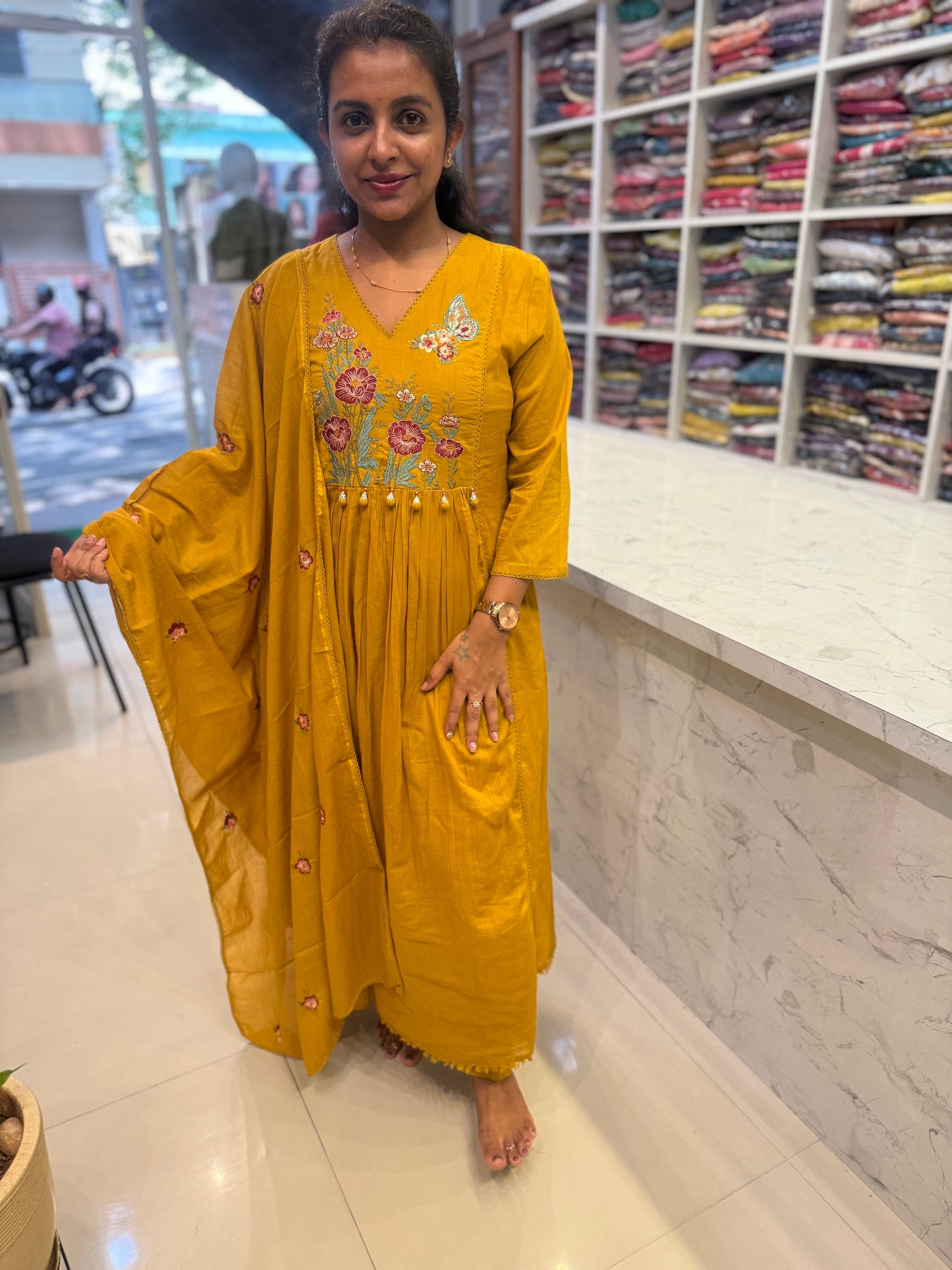 Mustard Mul Cotton Embroidered Kurti With Pant and Dupatta